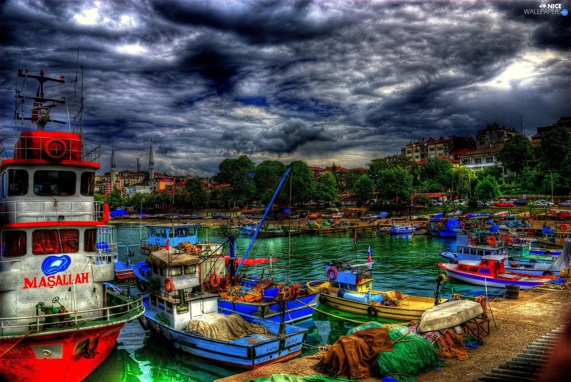 clouds, Turkey, motorboat, Cutters, port