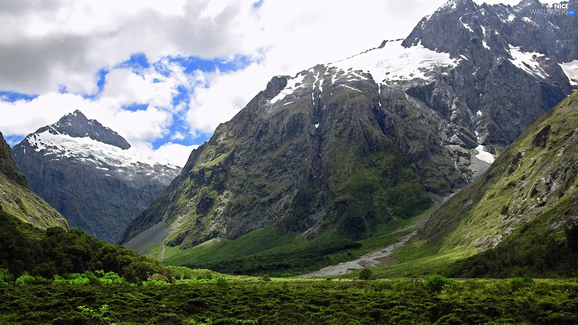 Valley, green, clouds, Mountains