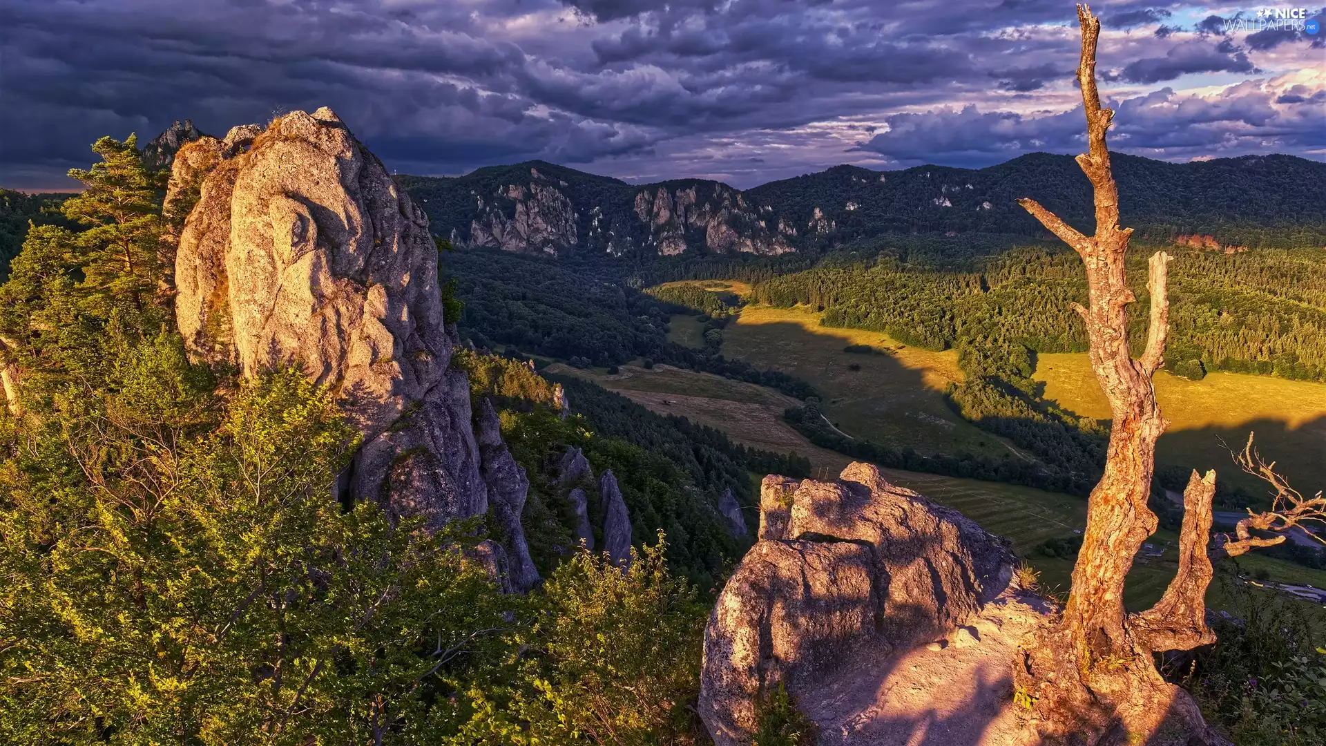 rocks, Mountains, viewes, clouds, trees, Valley