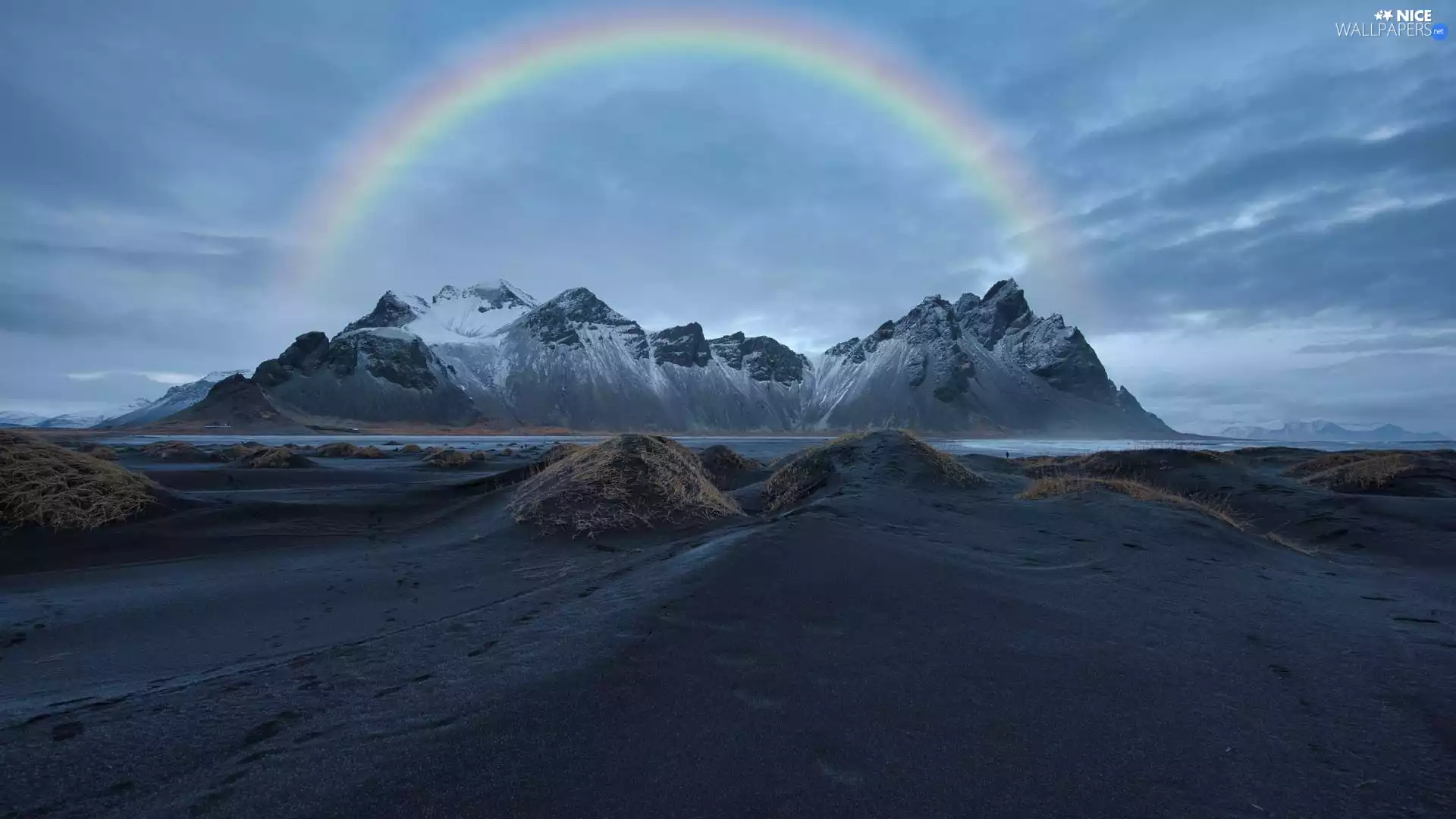 Stokksnes Beach, Black, Great Rainbows, Sand, clouds, Vestrahorn mountain, iceland, Mountains