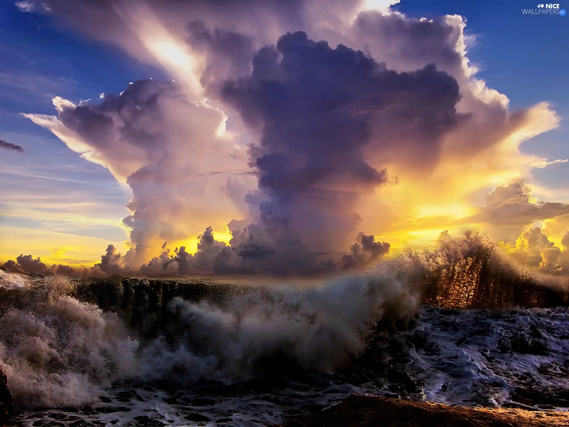 clouds, sea, Waves