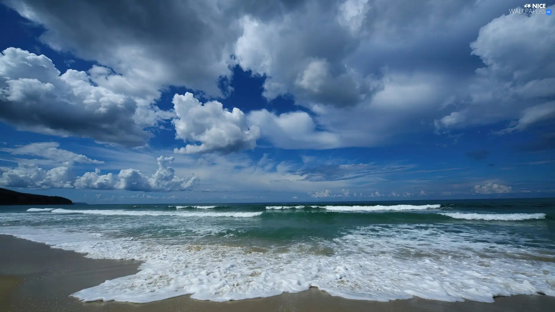 clouds, sea, Waves