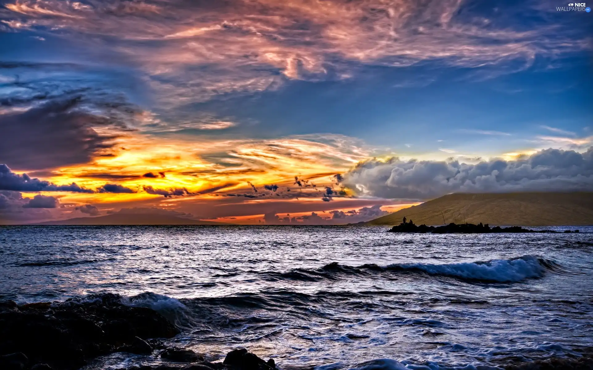 clouds, sea, Waves