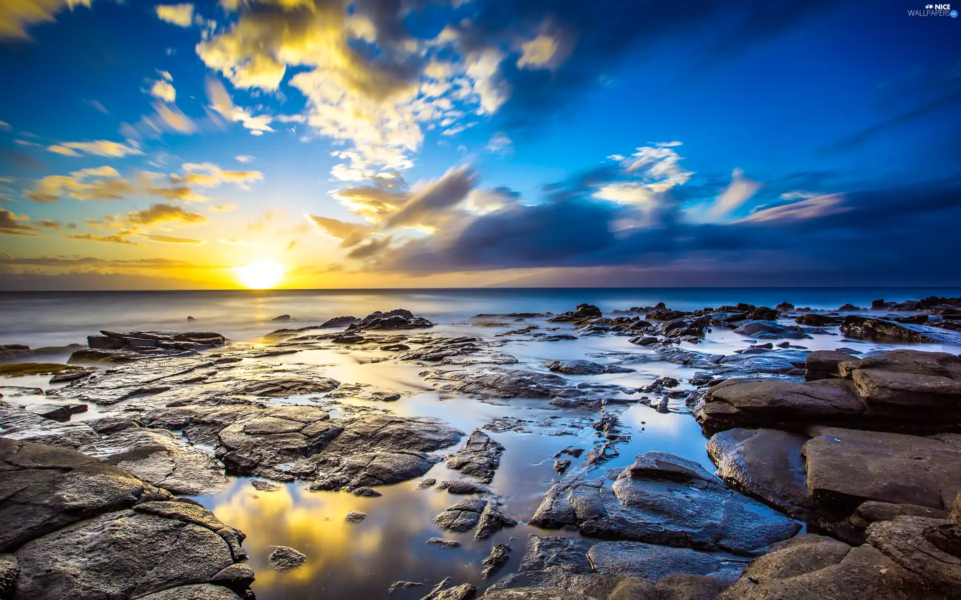 west, sea, clouds, sun