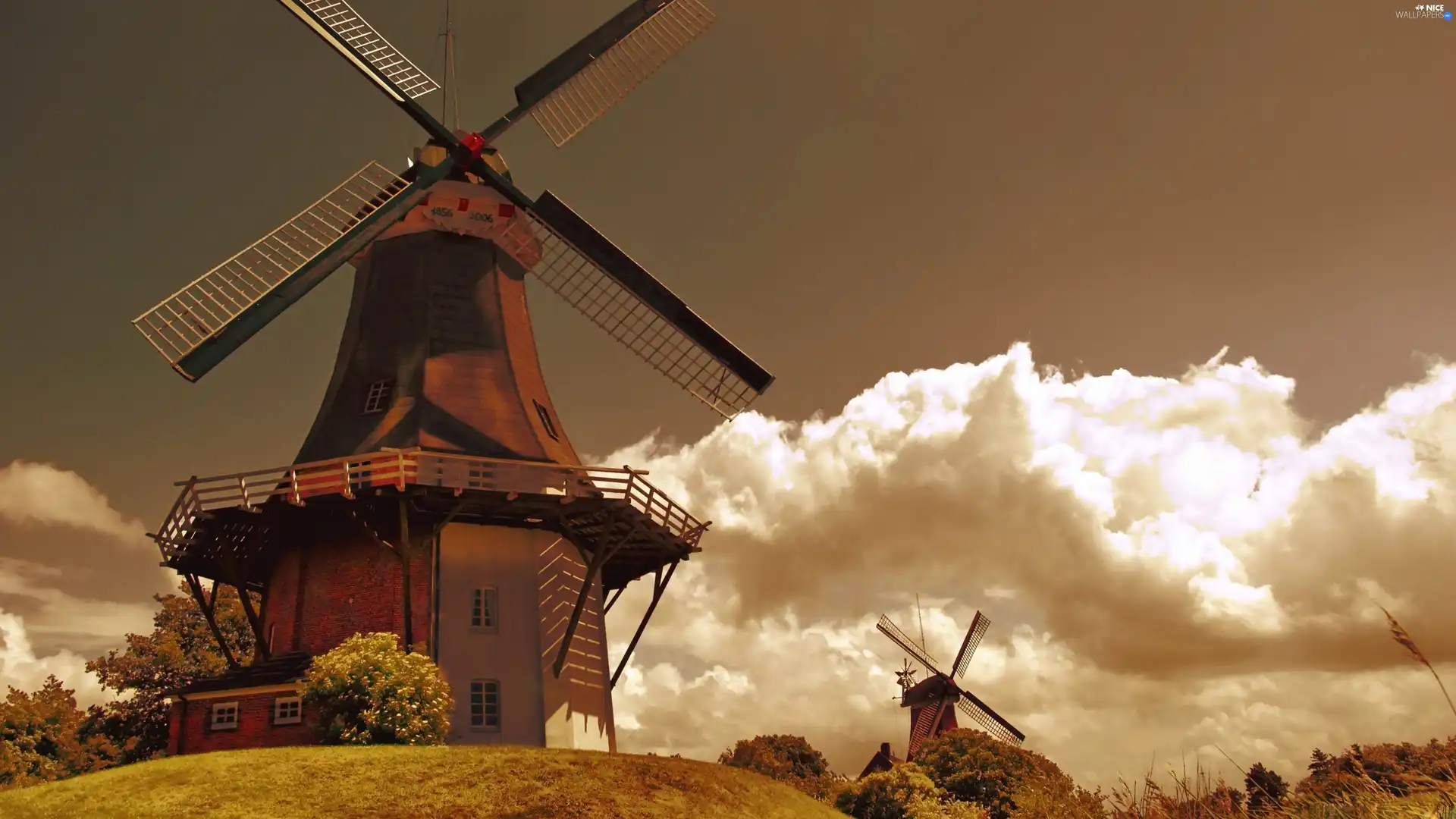 Windmills, viewes, clouds, trees