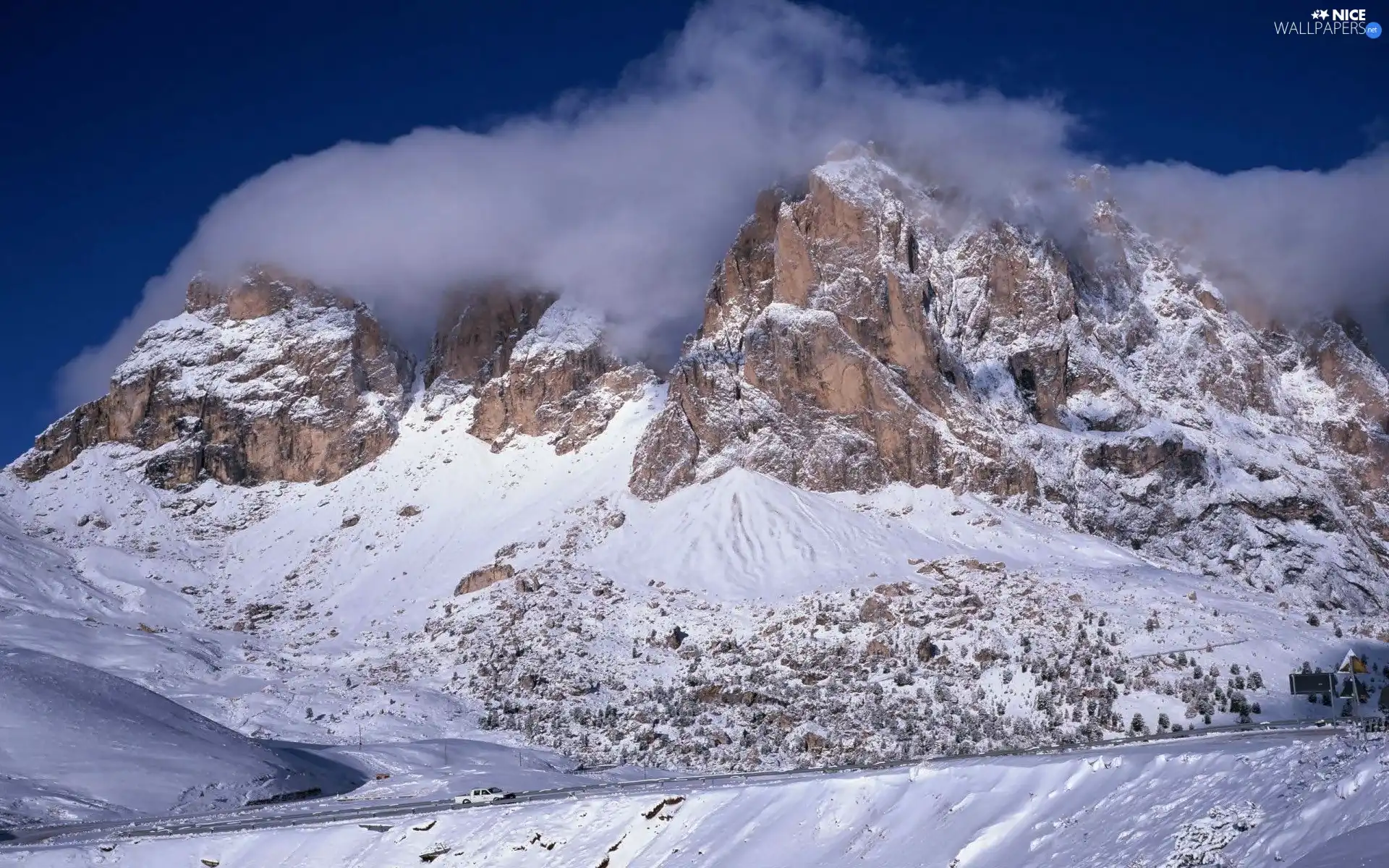 clouds, winter, Mountains, Way, Rocky