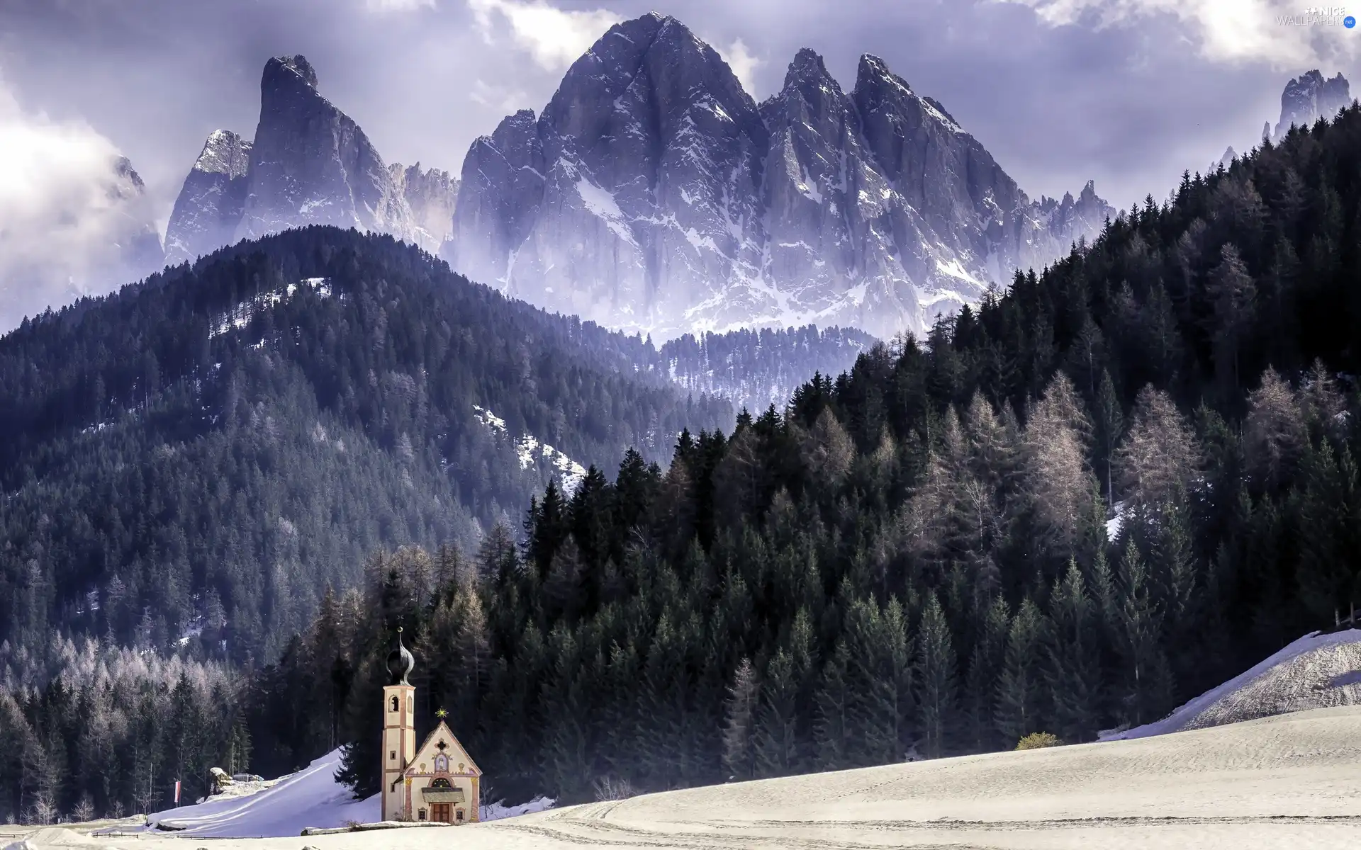 Mountains, church, clouds, winter, woods, Way