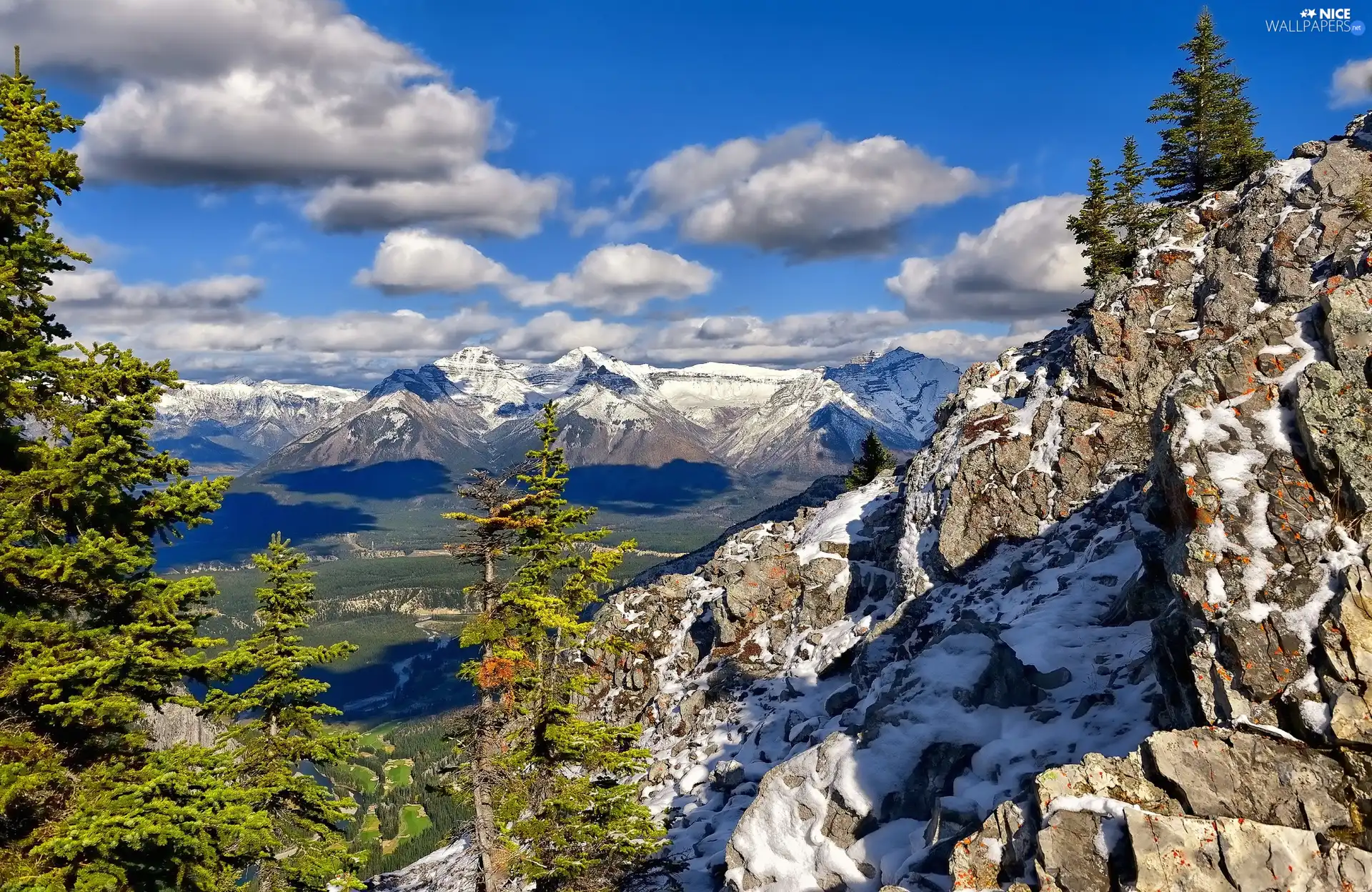 clouds, Mountains, woods