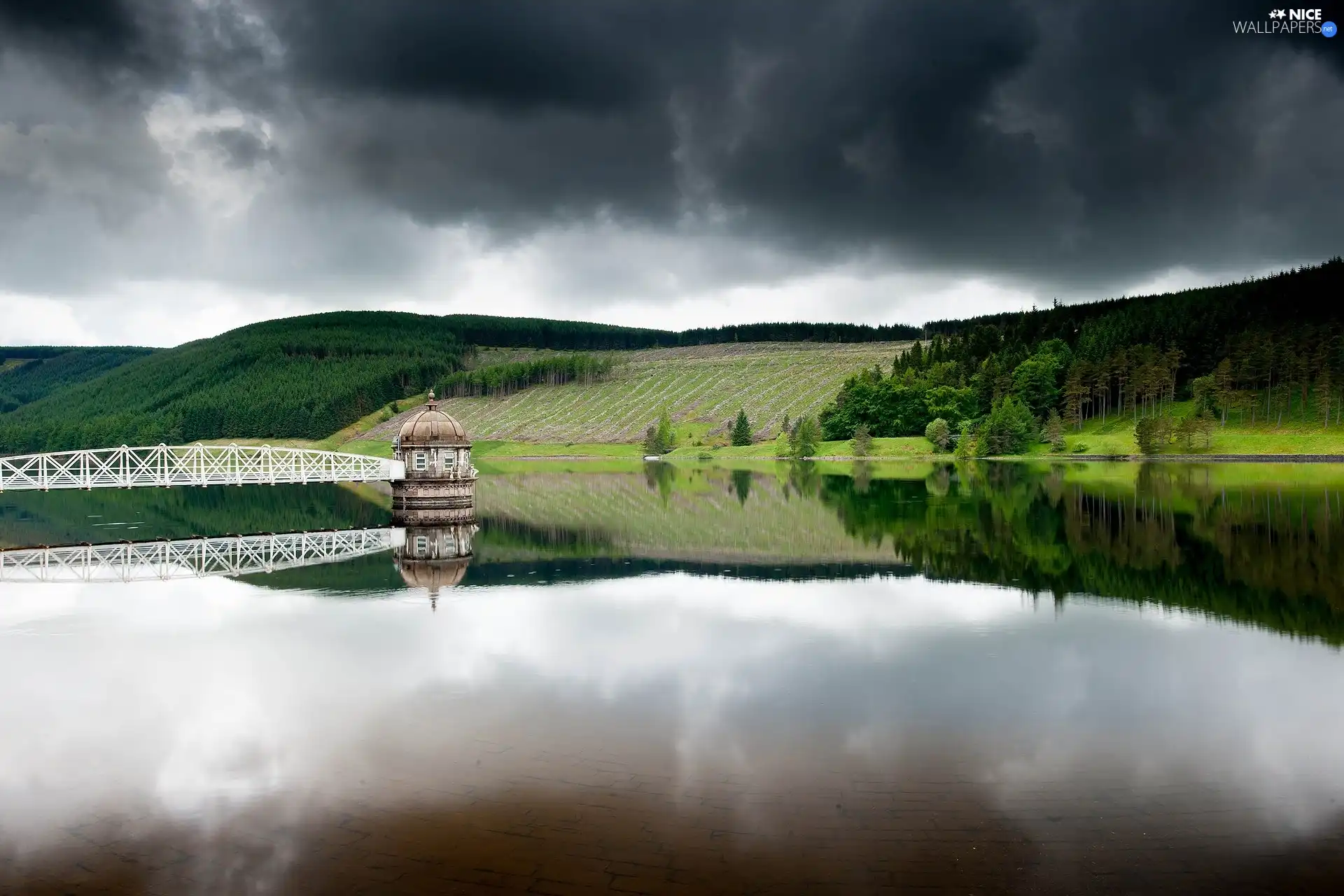 woods, pier, clouds, lake