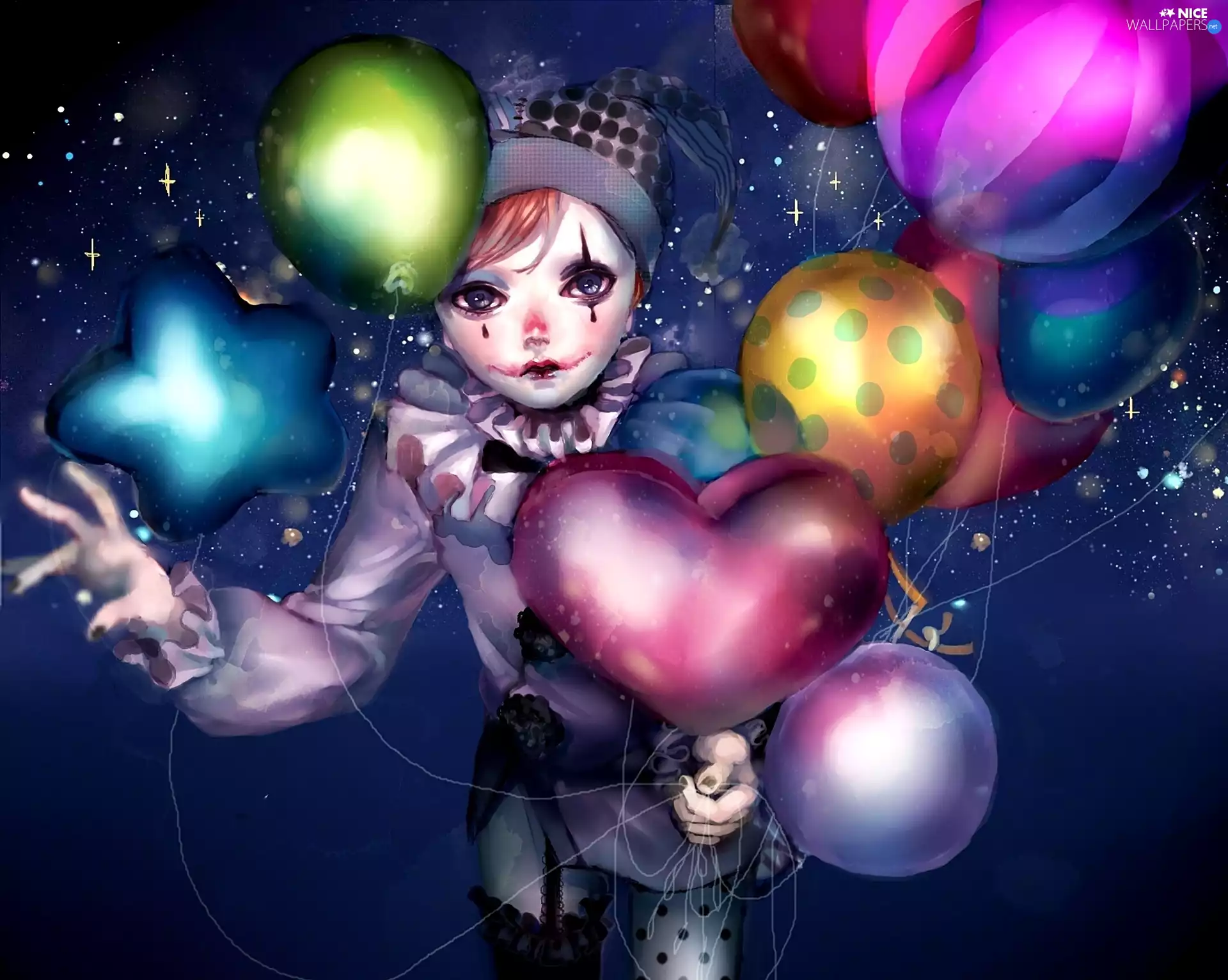 color, small, picture, clown, sad, Balloons, watercolor