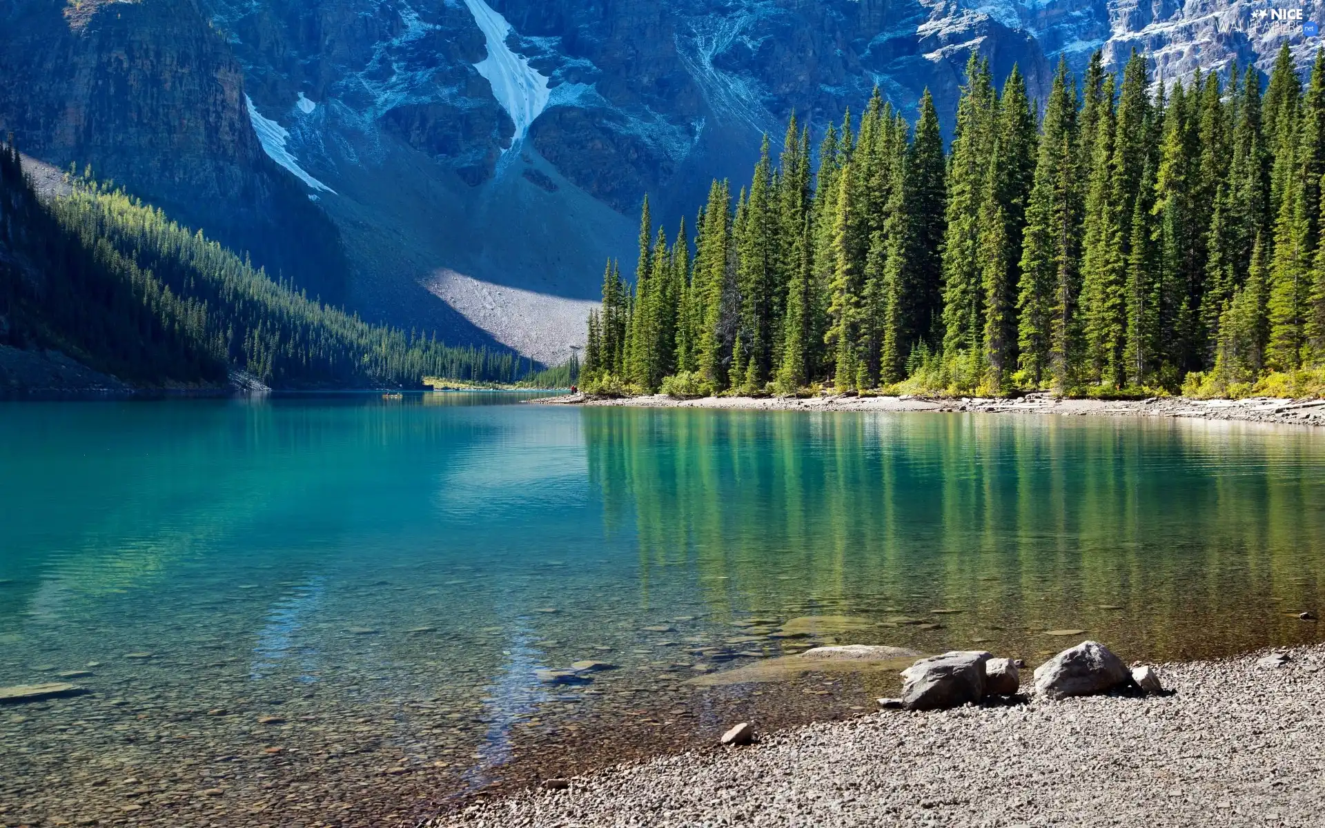 Mountains, lake, coast, forest