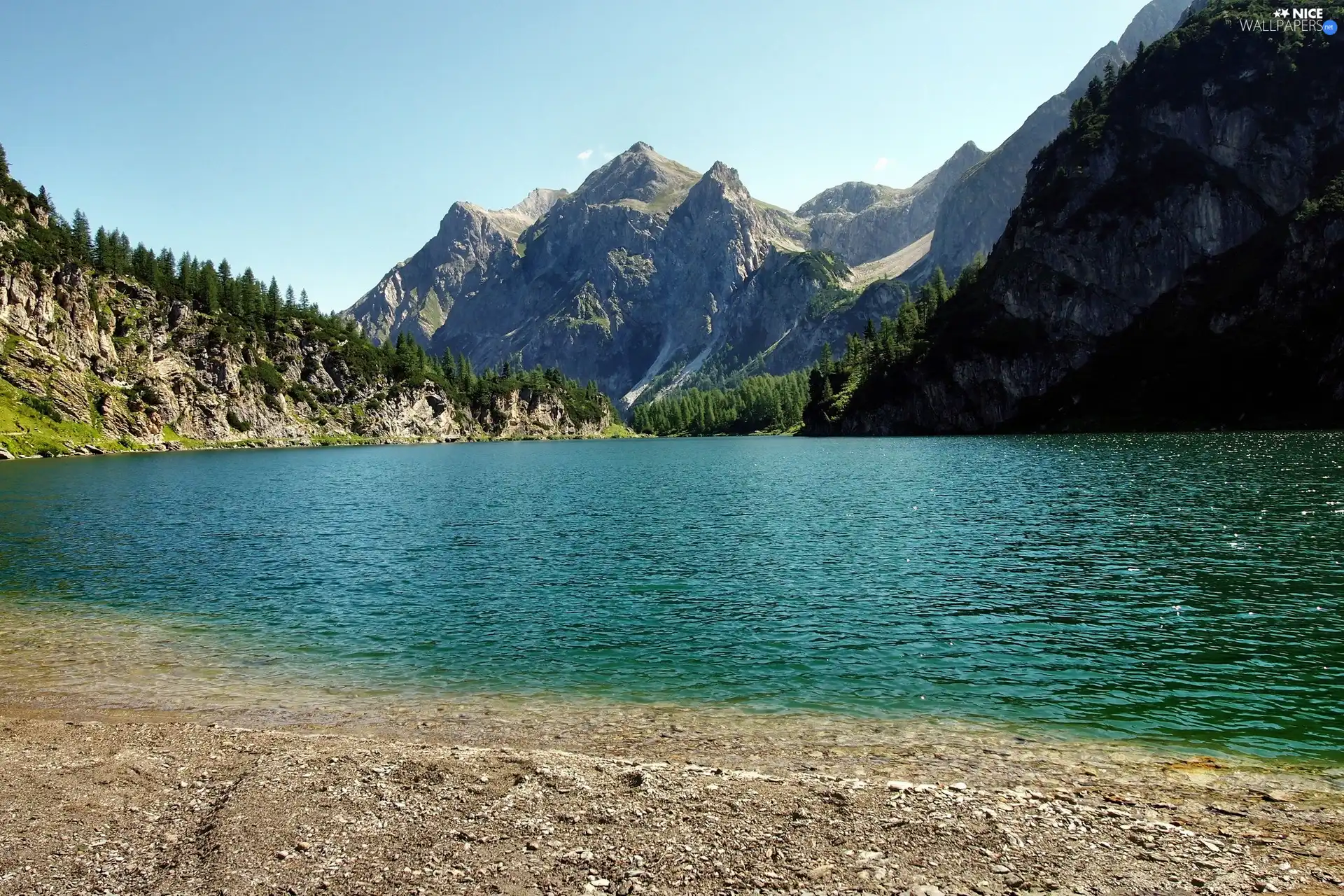 Mountains, lake, coast, woods