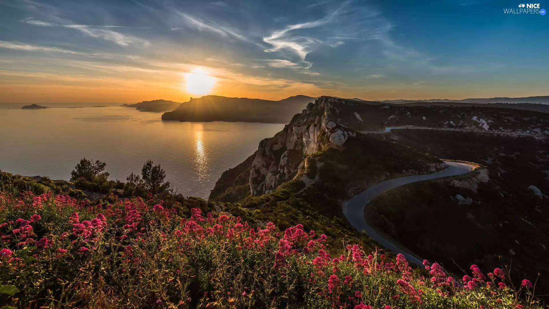 Way, sea, Sunrise, Coast, VEGETATION, Mountains