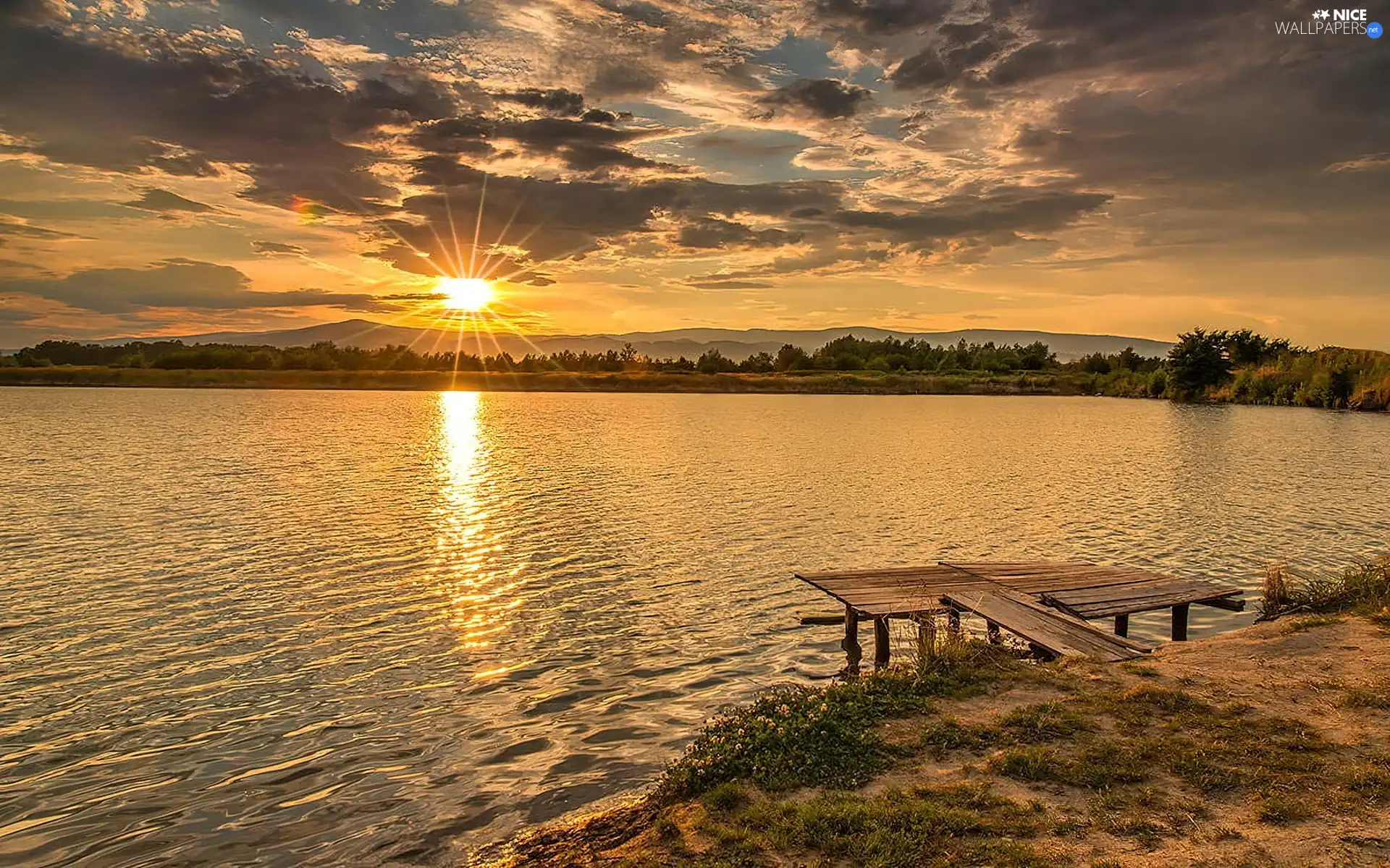 coast, Platform, west, sun, lake