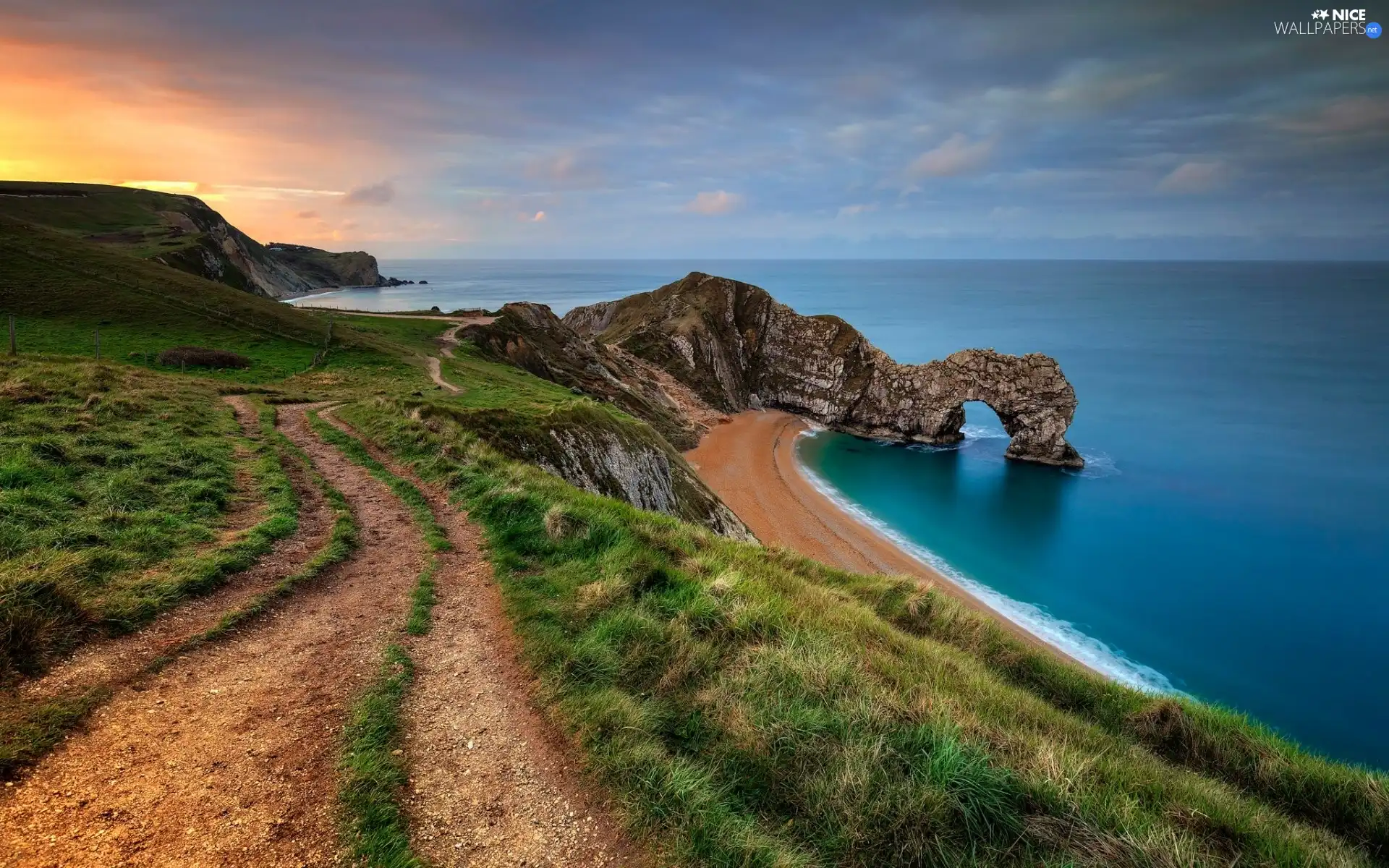 rocks, sea, Way, Jurassic Coast, England, Durdle Door, Great Sunsets