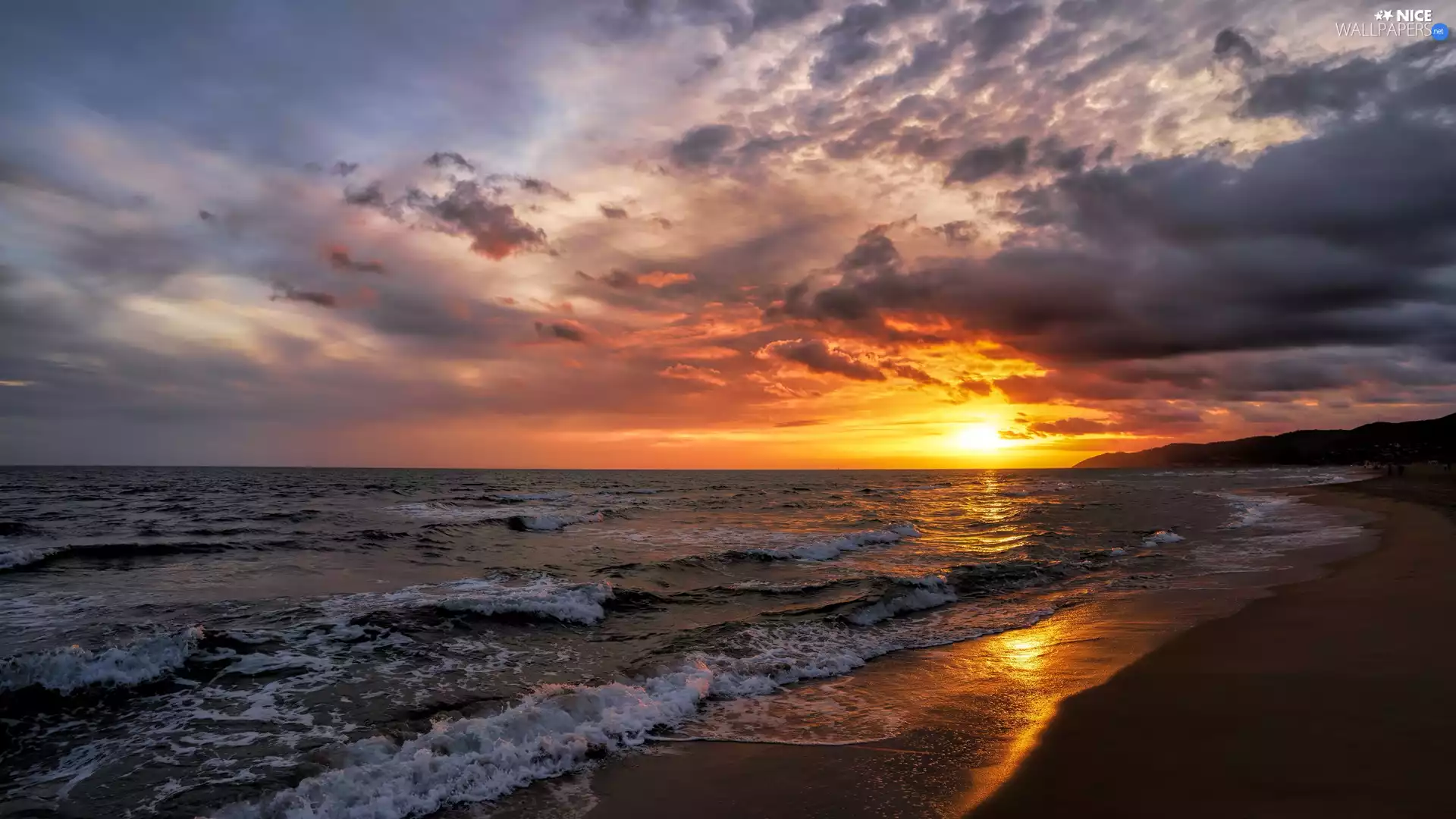 Great Sunsets, clouds, coast, Waves, sea