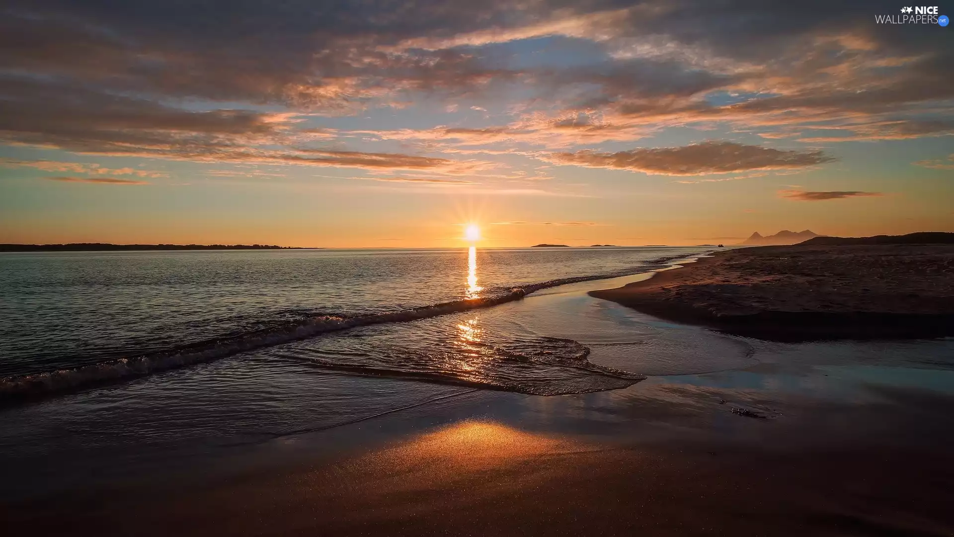 sea, Sunrise, clouds, coast