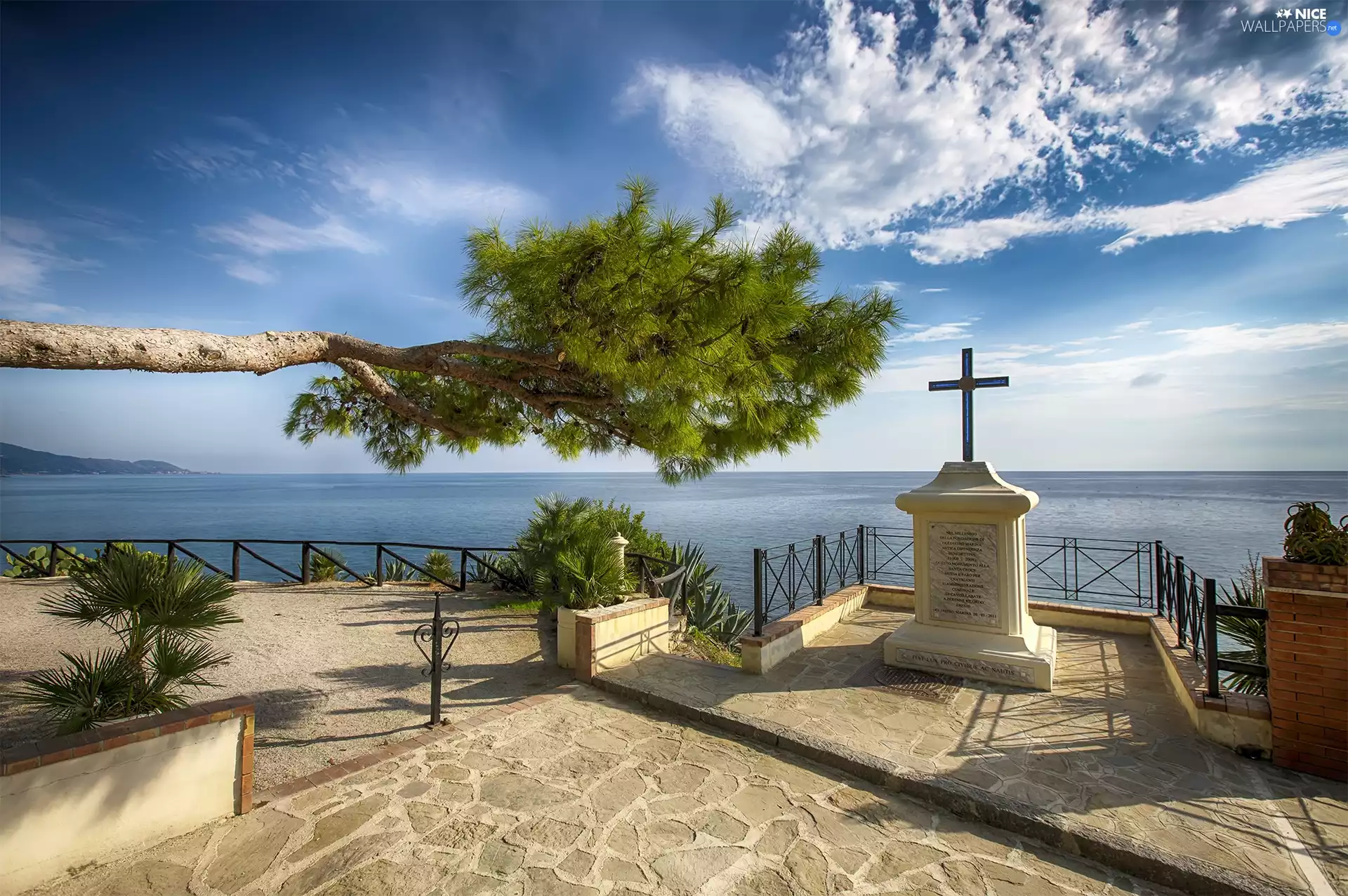 Monument, Italy, trees, Coast, Cross, sea