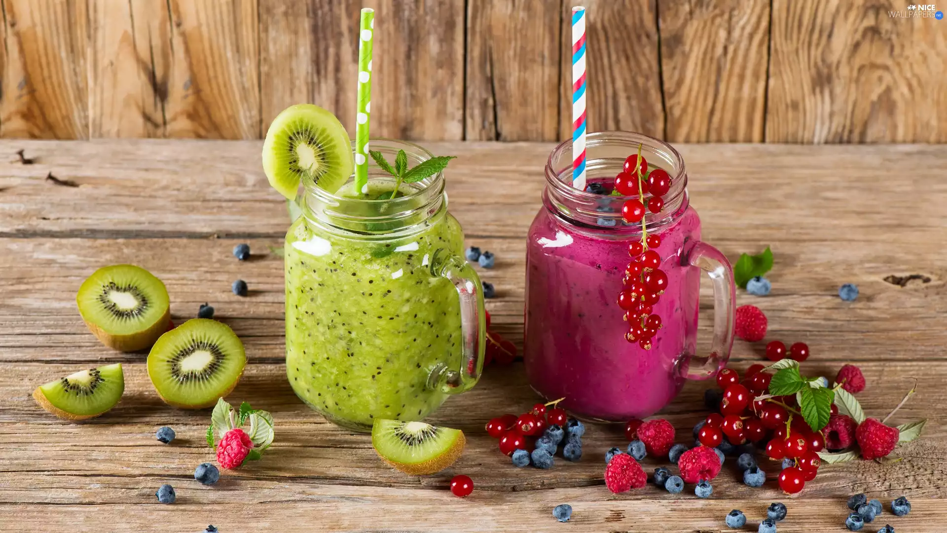 cocktails, Two cars, straws, Fruits, blueberries, Jars, currants, raspberries, kiwi