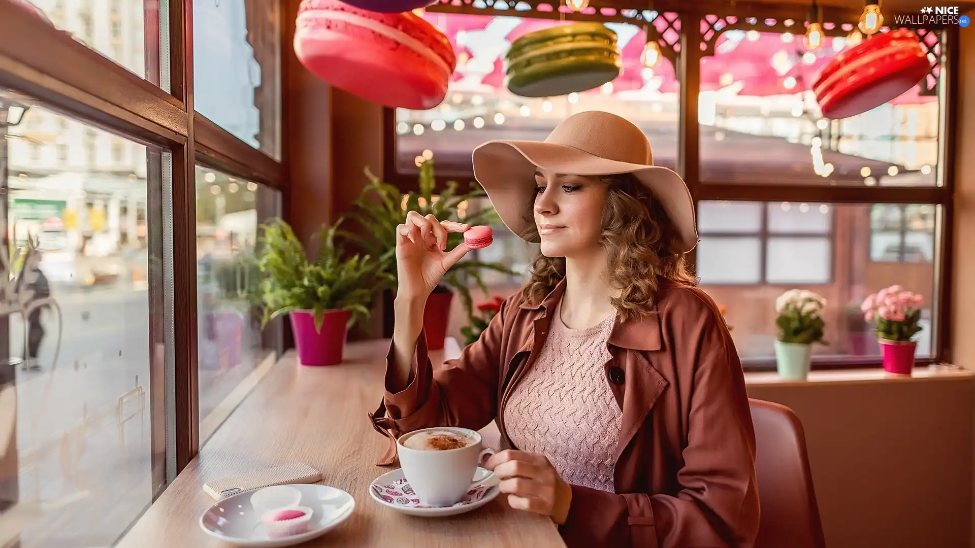Cloak, Cookies, cafe, cup, table, Hat, Women, coffee