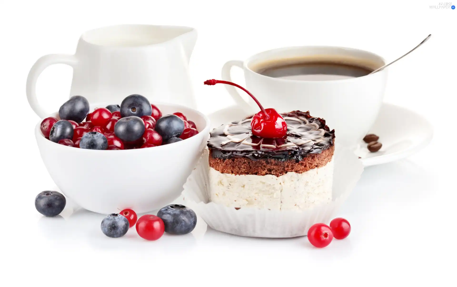 cake, blueberries, coffee, cherries