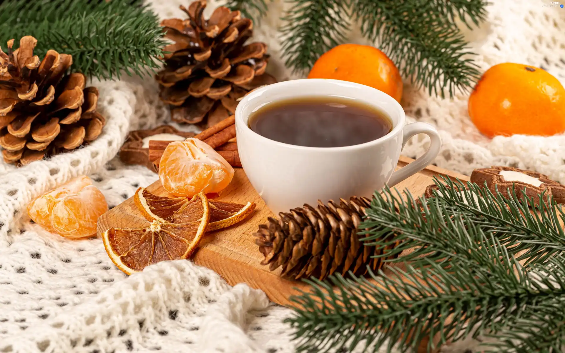 branch pics, mandarin, coffee, cones, cup