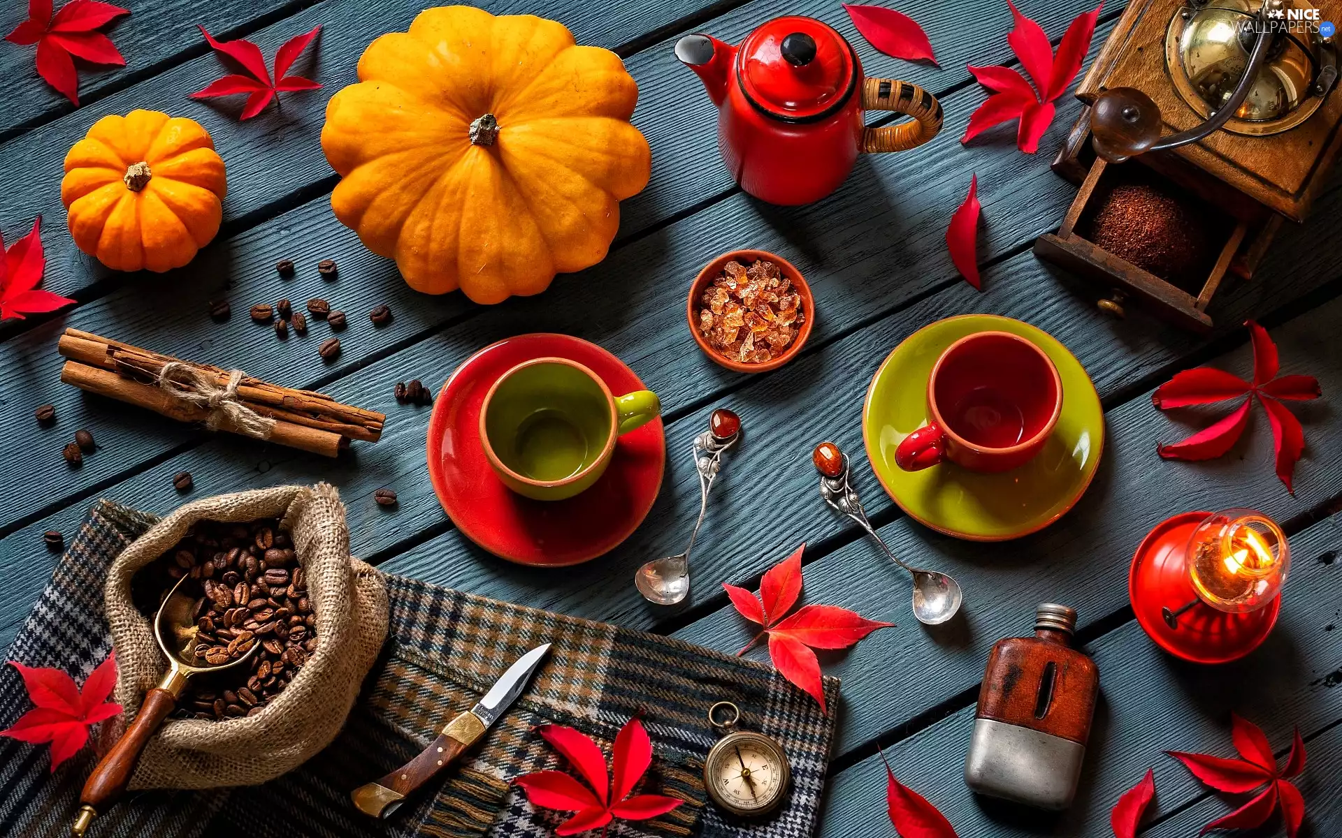 coffee, mill, grains, Spoons, autumn, composition, Leaf, pumpkin, cups