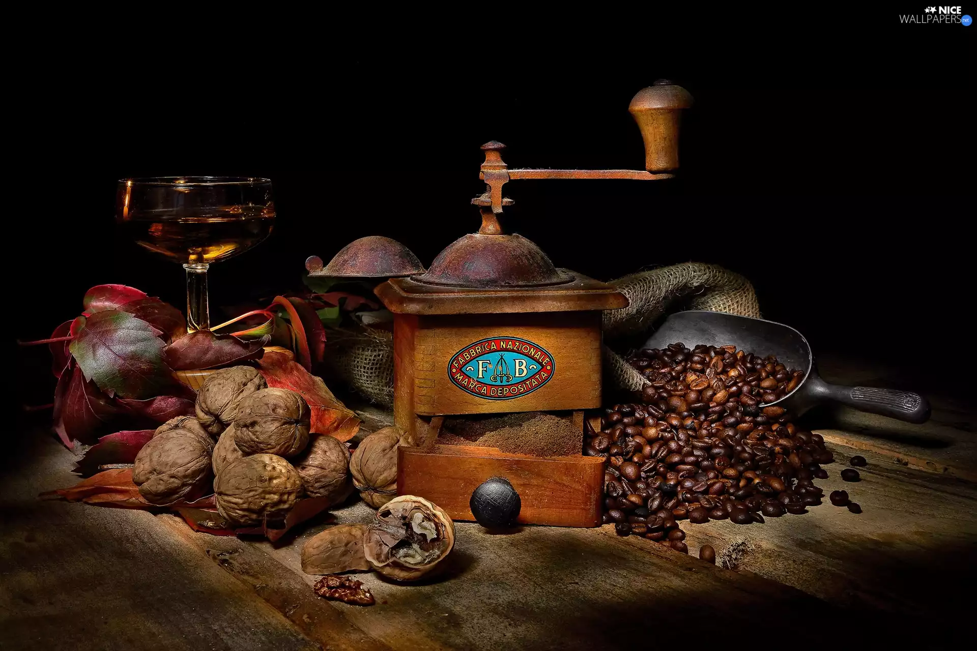 nuts, grains, Leaf, coffee, mill, glass, composition