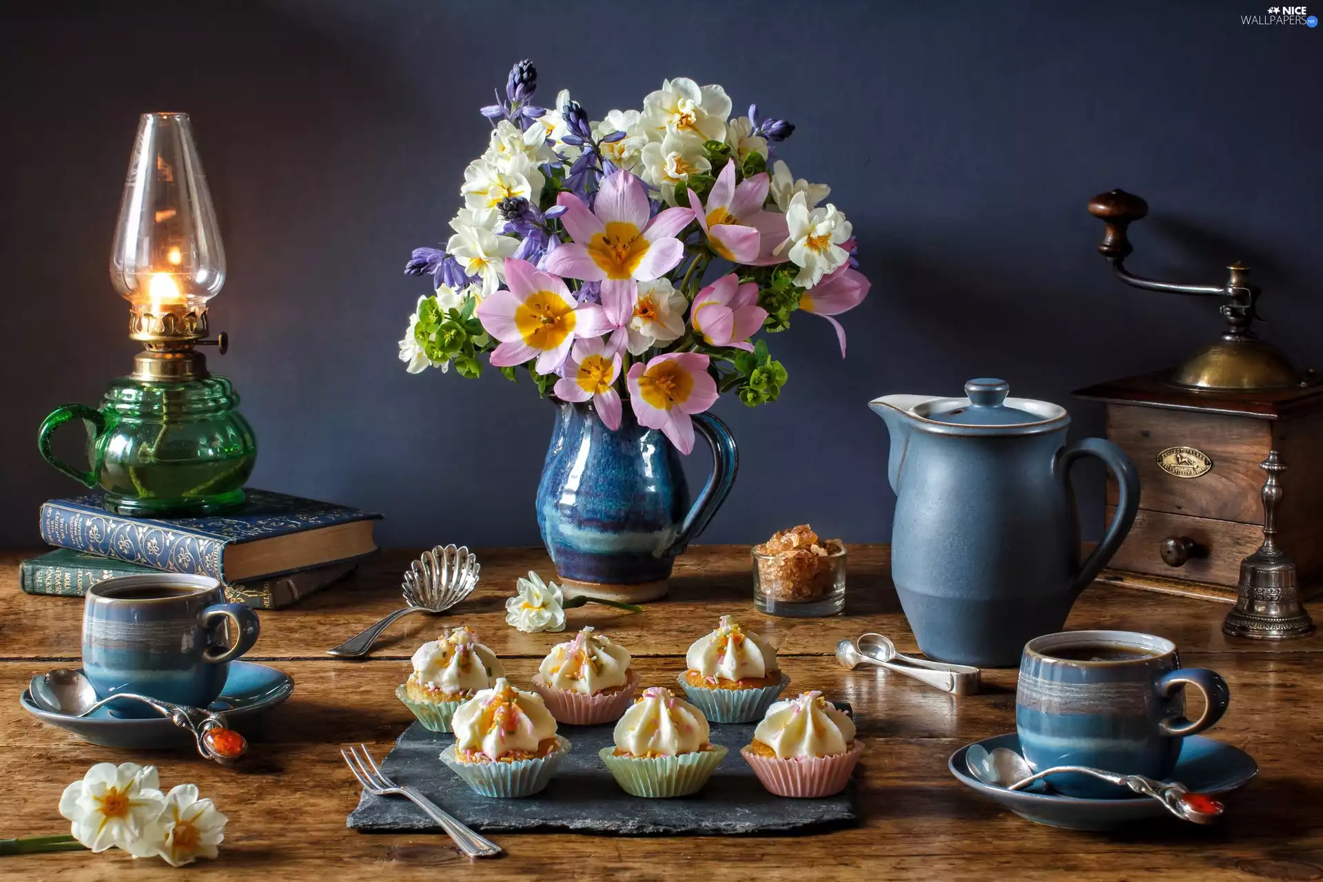 coffee, cups, jug, Oil Lamp, Books, Muffins, Flowers, mill