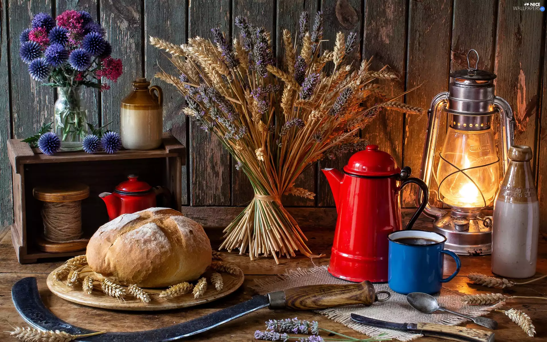 sickle, bread, oil, jug, Lamp, Ears, corn, coffee