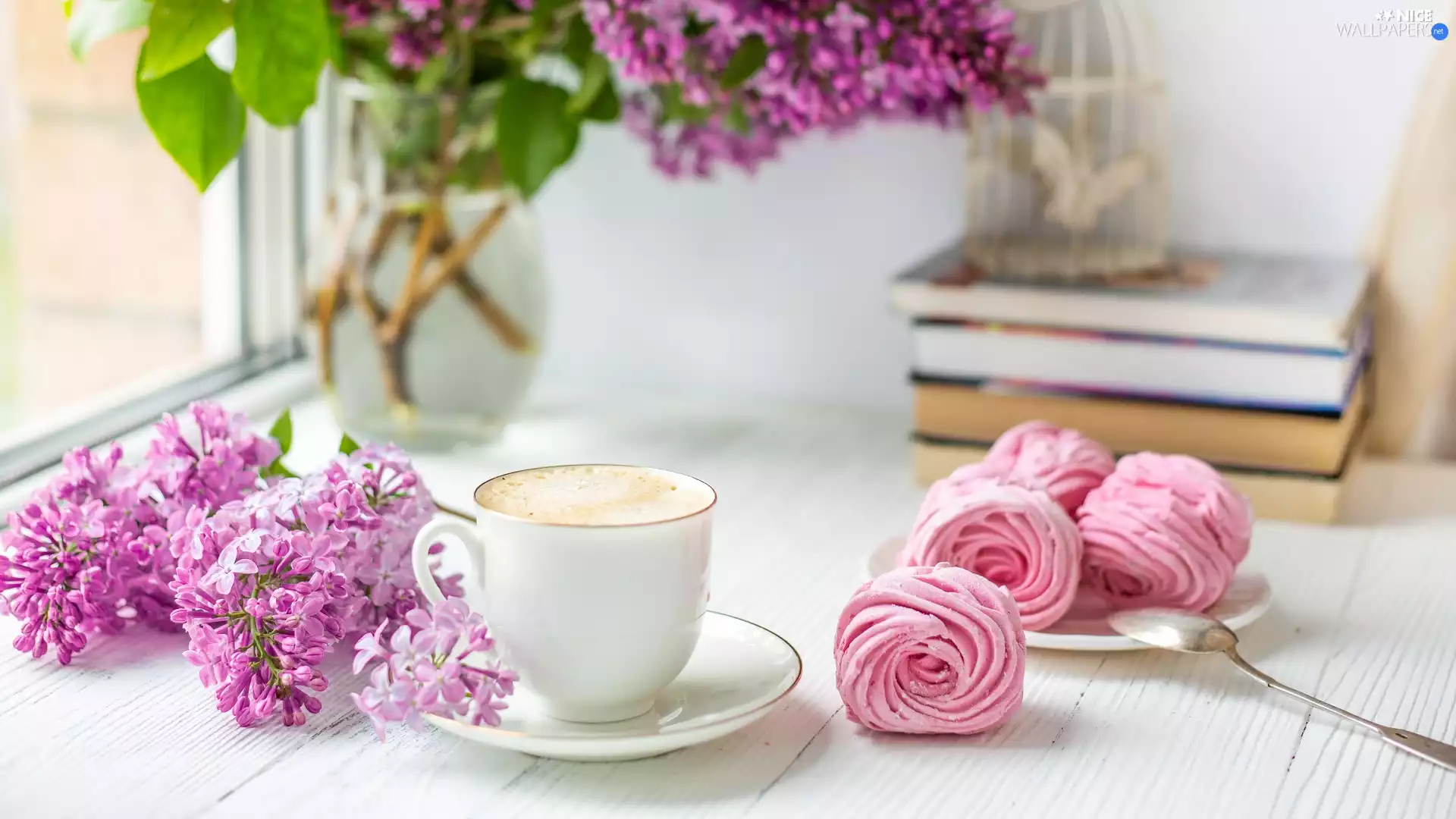 coffee, cup, plate, teaspoon, Books, boarding, Vase, without, Cookies