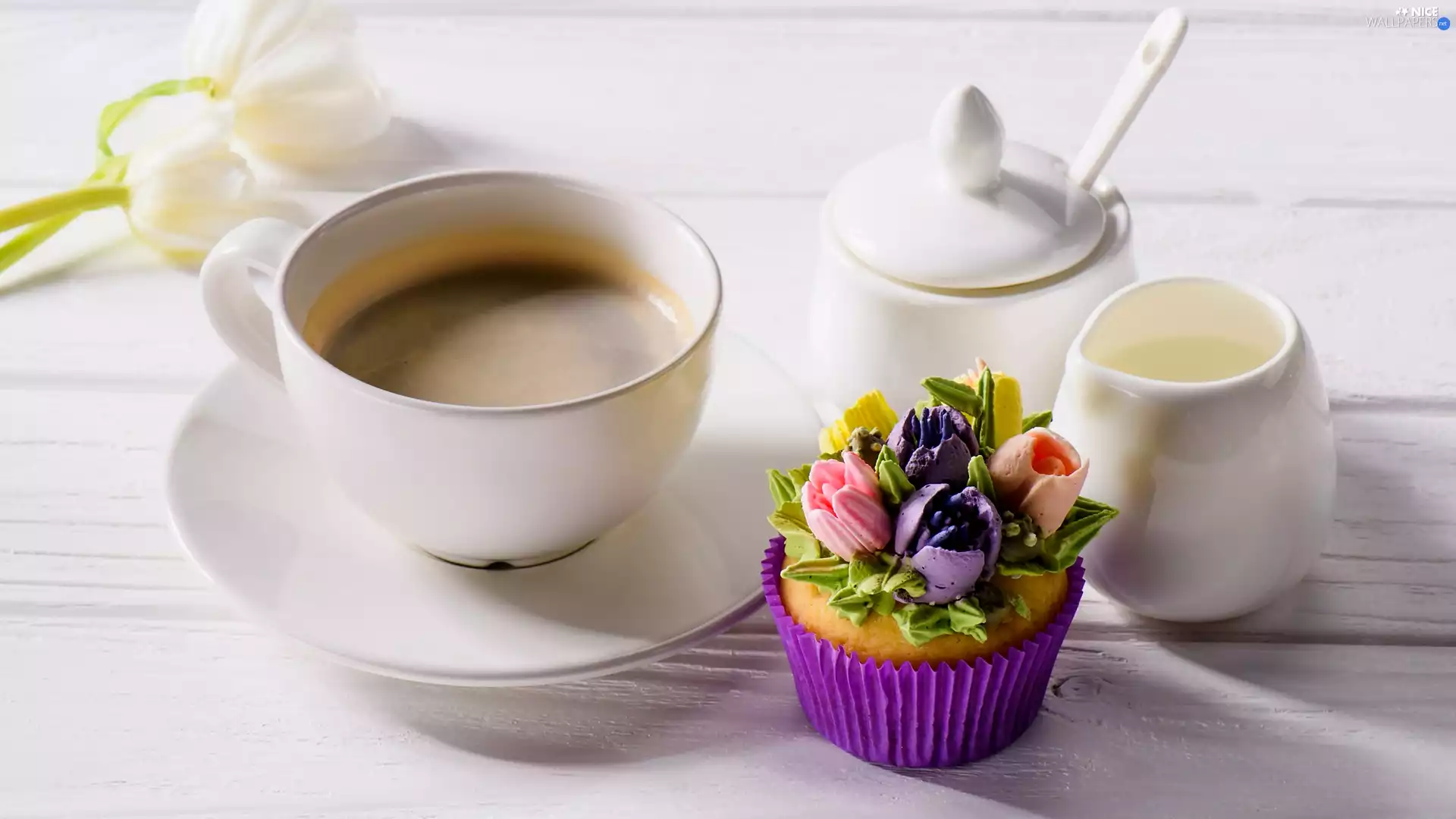 coffee, cup, cream, sugar bowl, Tulips, boarding, Flowers, White, cake