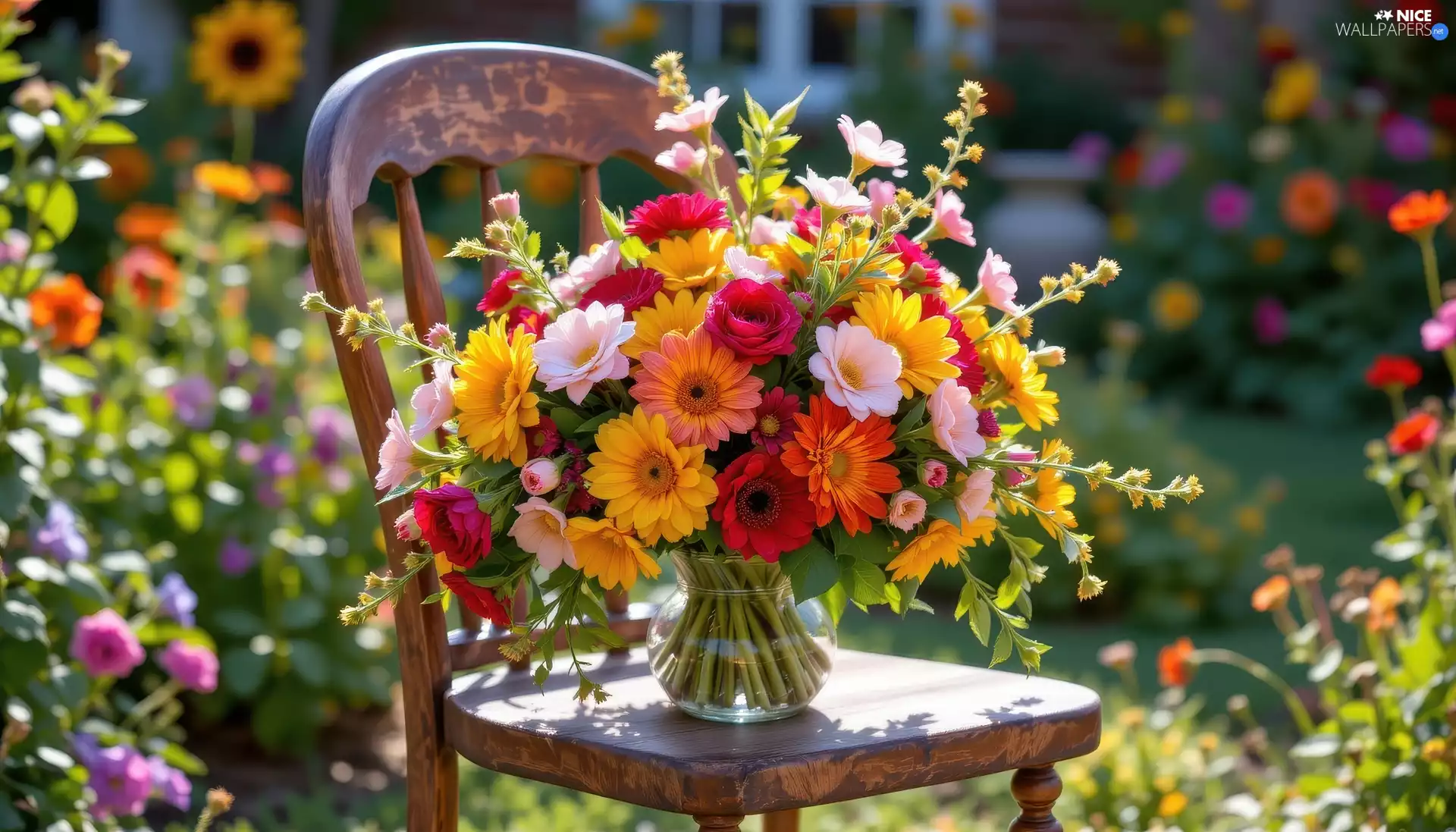 Flowers, bouquet, Chair, color