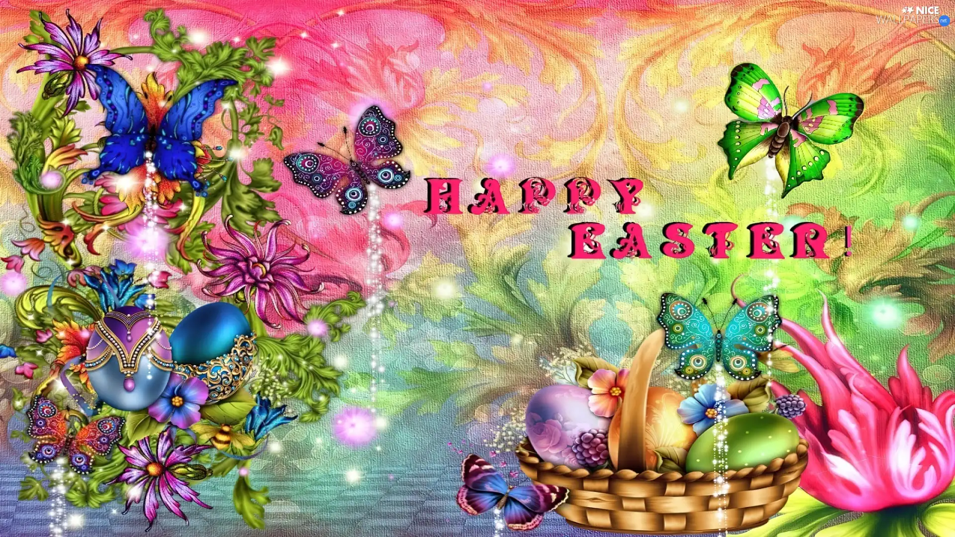 basket, color, butterflies, eggs, Easter, color, Flowers
