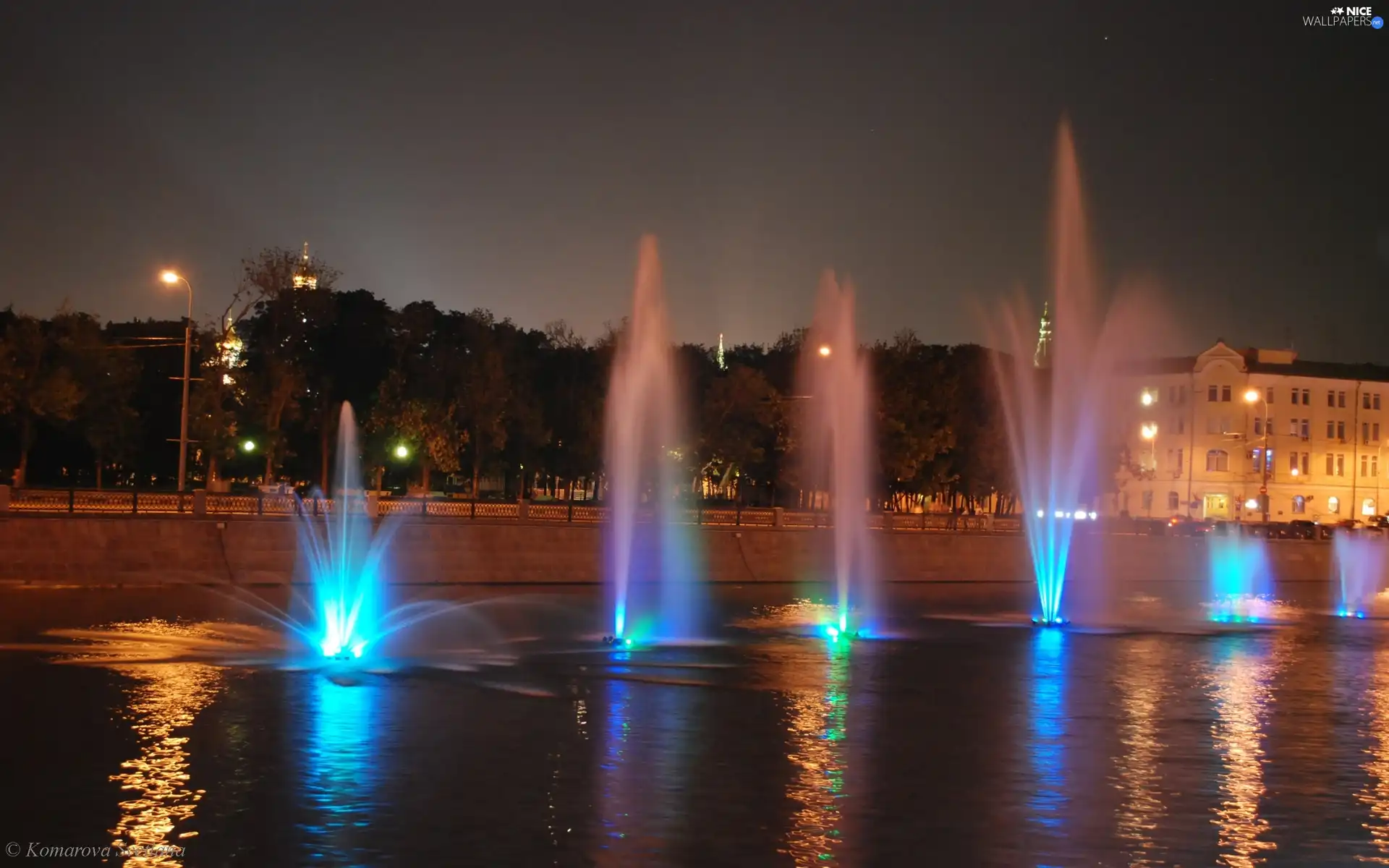 Fountains, Moscow, color, light, Night, River