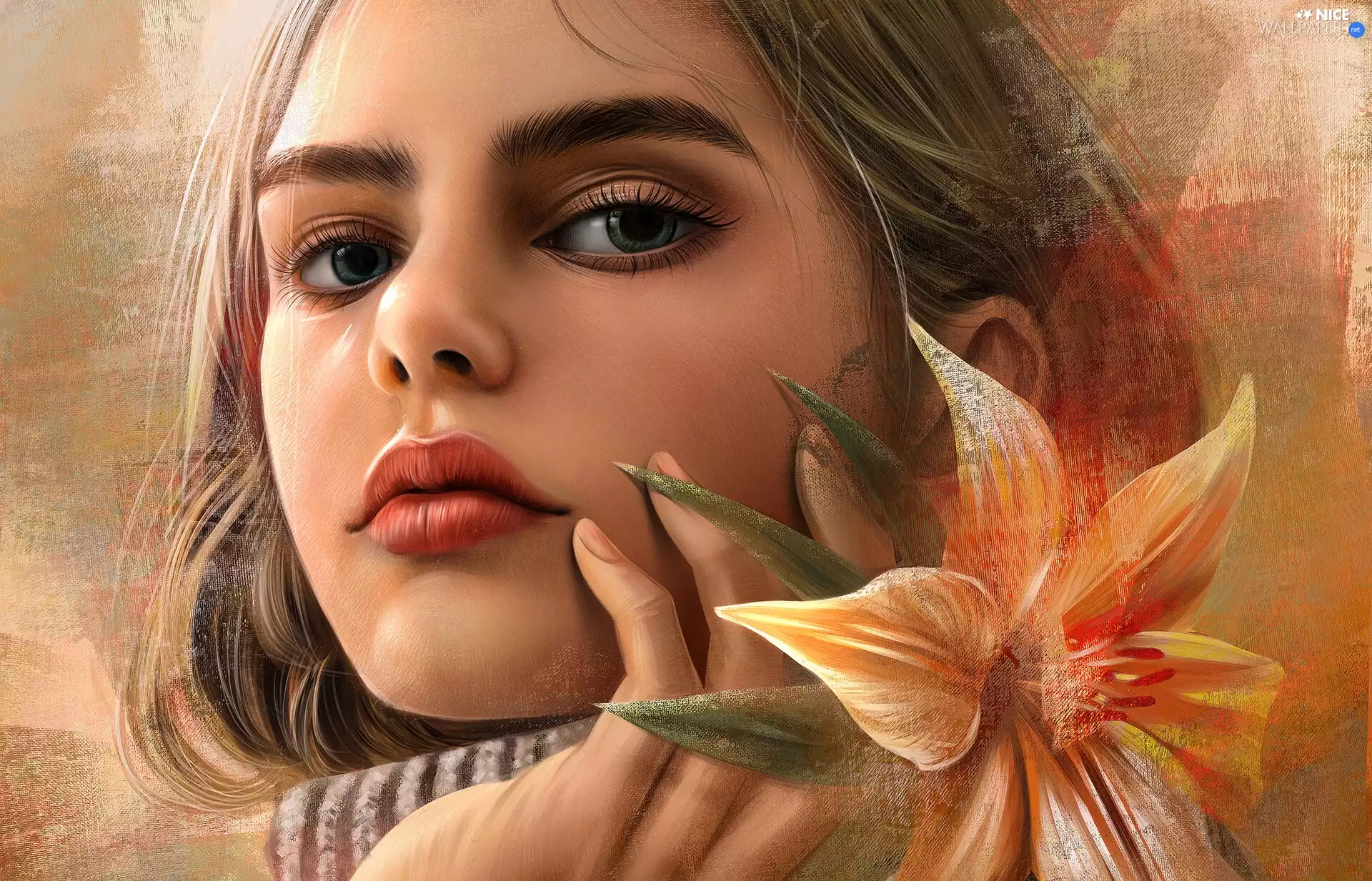 rapprochement, graphics, face, Colourfull Flowers, girl