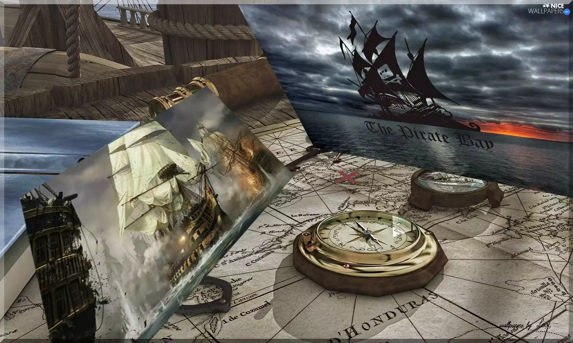 Map, pictures, Ship, compass
