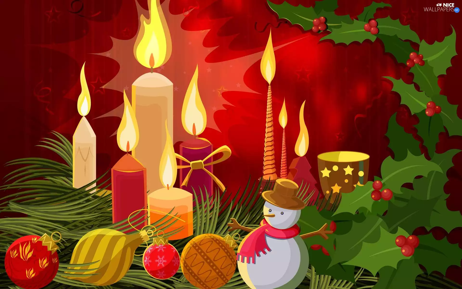 baubles, birth, 2D Graphics, candles, God, Snowman, composition