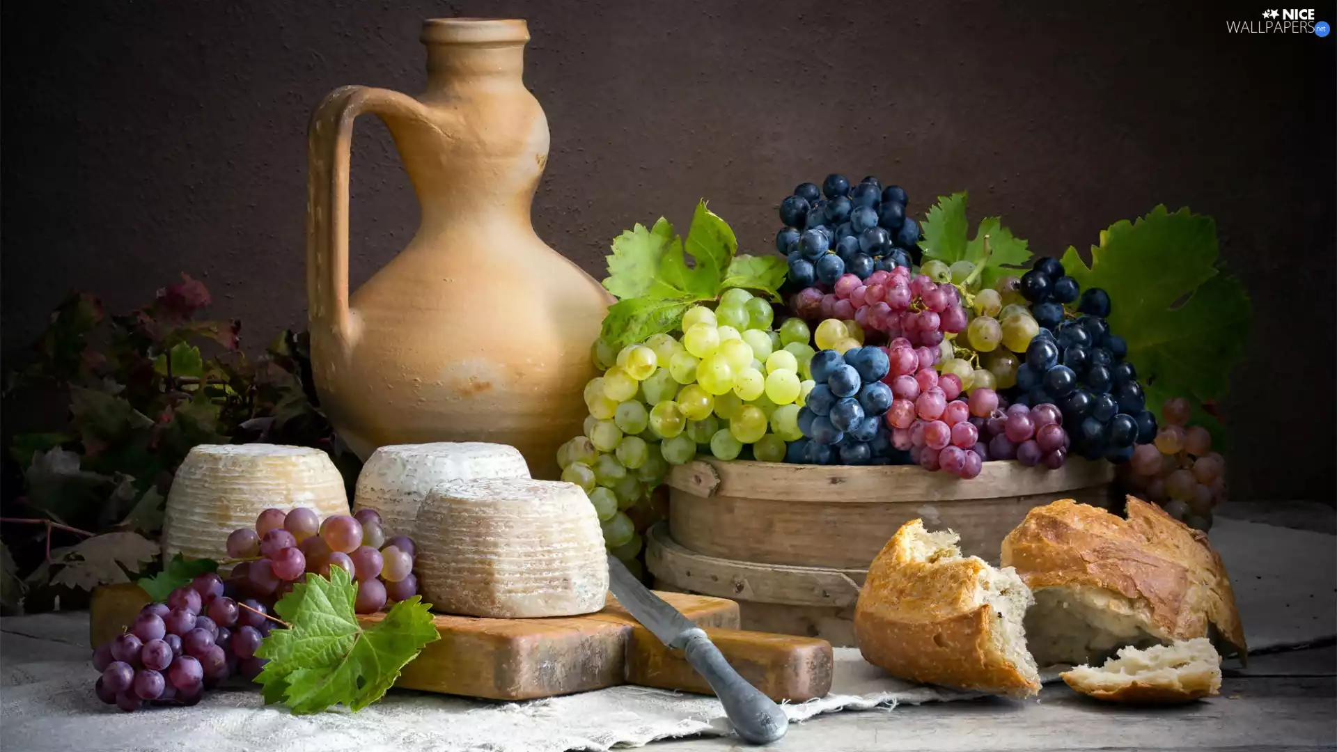 jug, composition, Cheese, bread, Grapes
