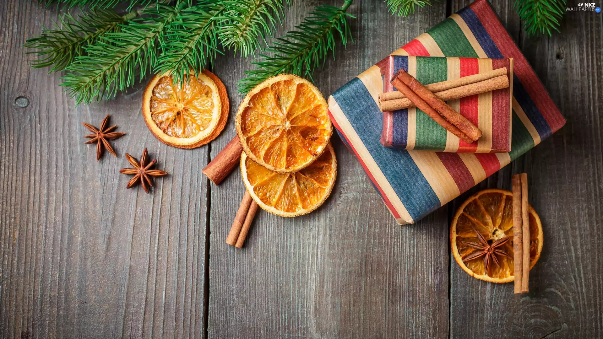 composition, Christmas, gifts, slices, boarding, Twigs, cinnamon, anise, orange
