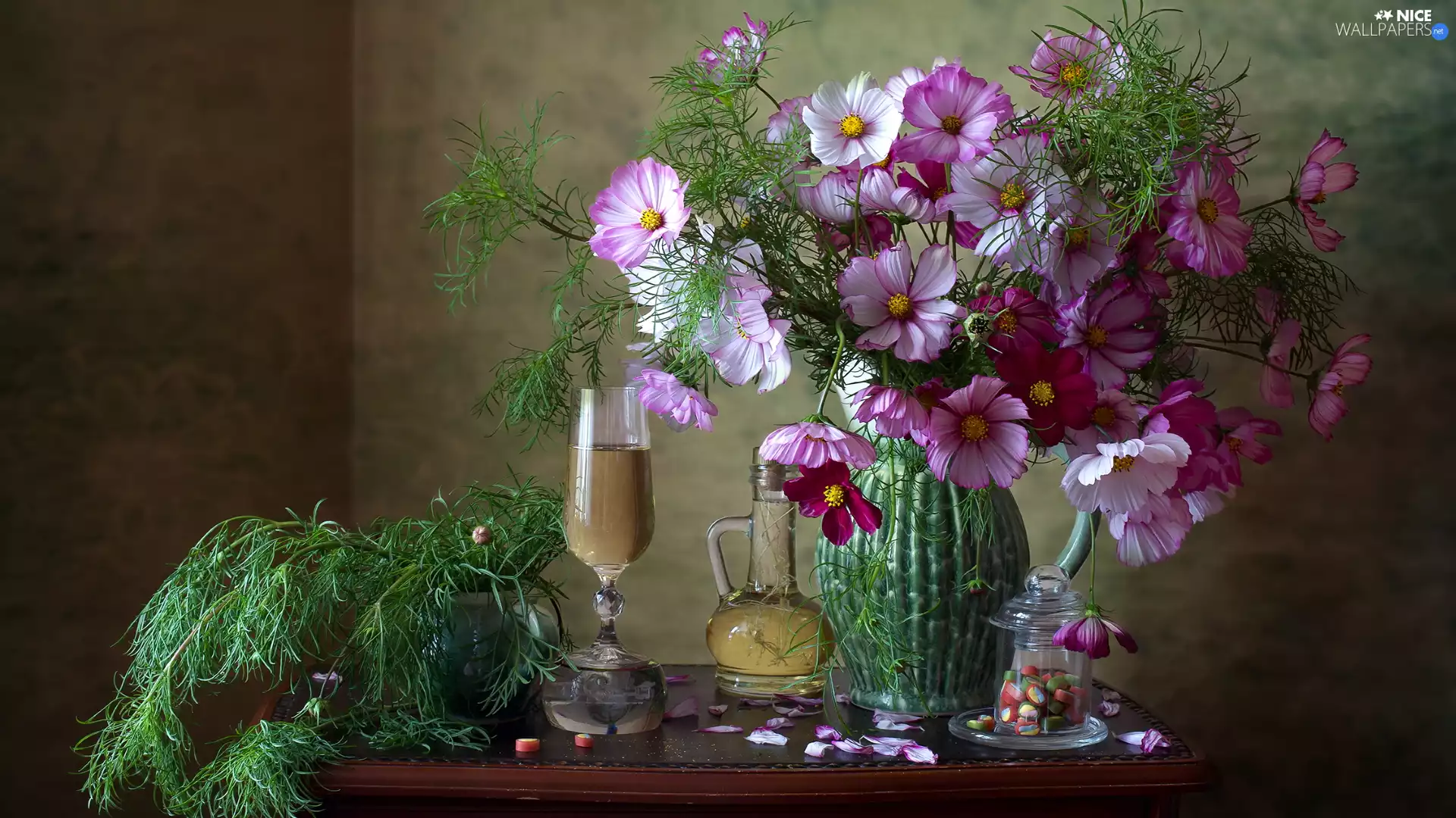 glass, composition, Flowers, Cosmos, Vase