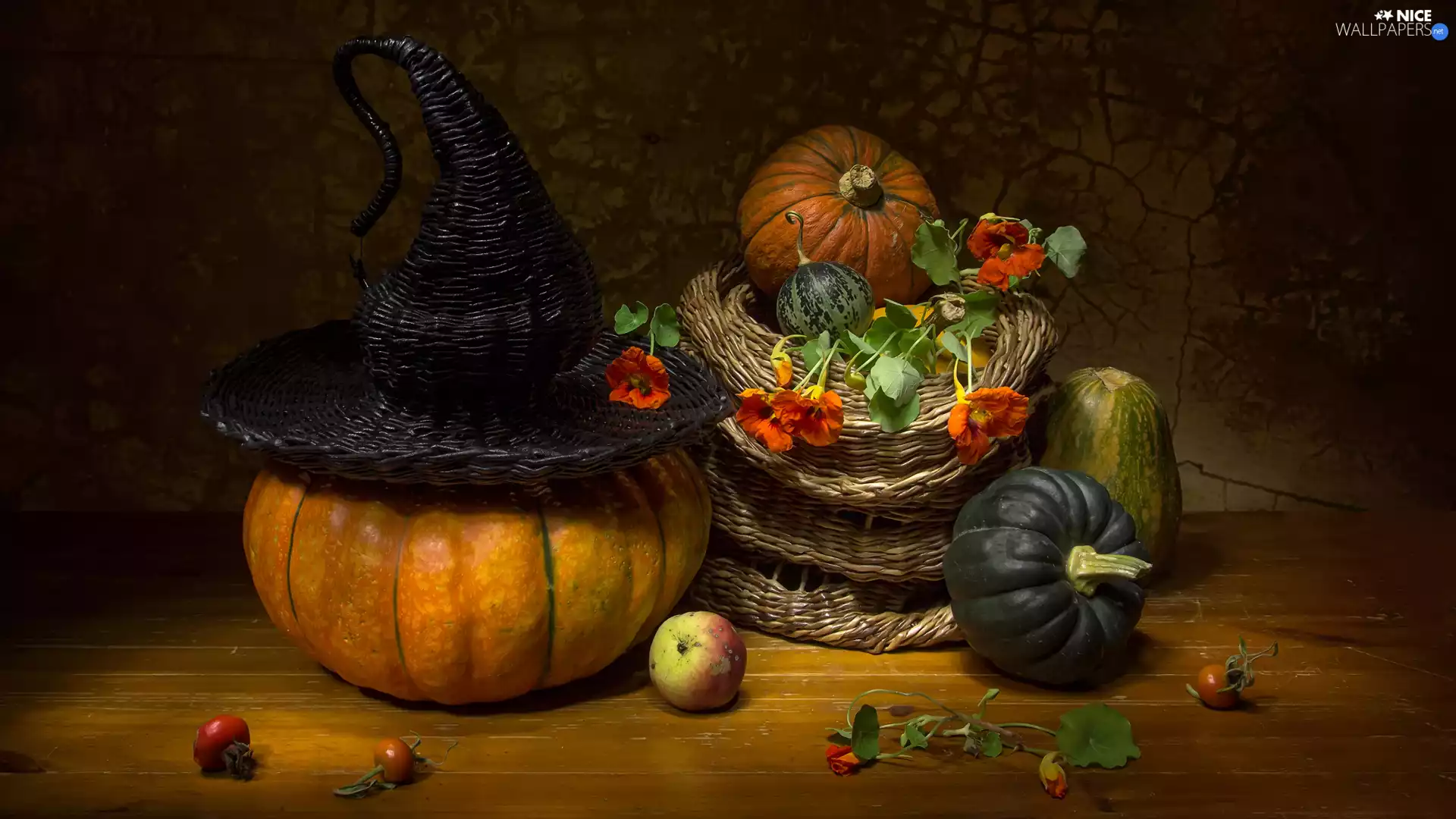 Cage, composition, Hat, Flowers, pumpkin