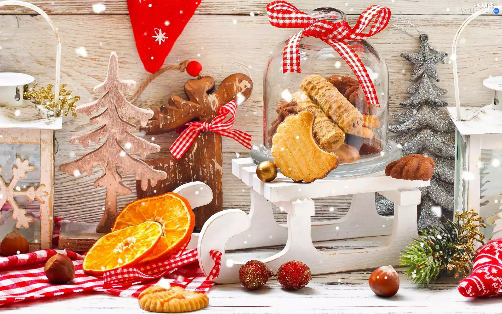 orange, Christmas, jar, christmas tree, Cookies, composition, sledge, Lanterns, nuts, slices
