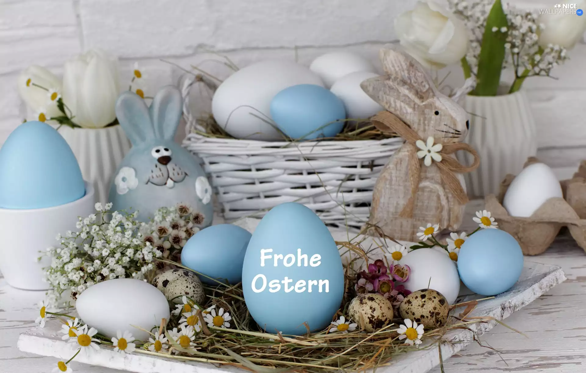 composition, Easter, Blue, eggs, vases, rabbits, Tulips, Gipsówka, Flowers