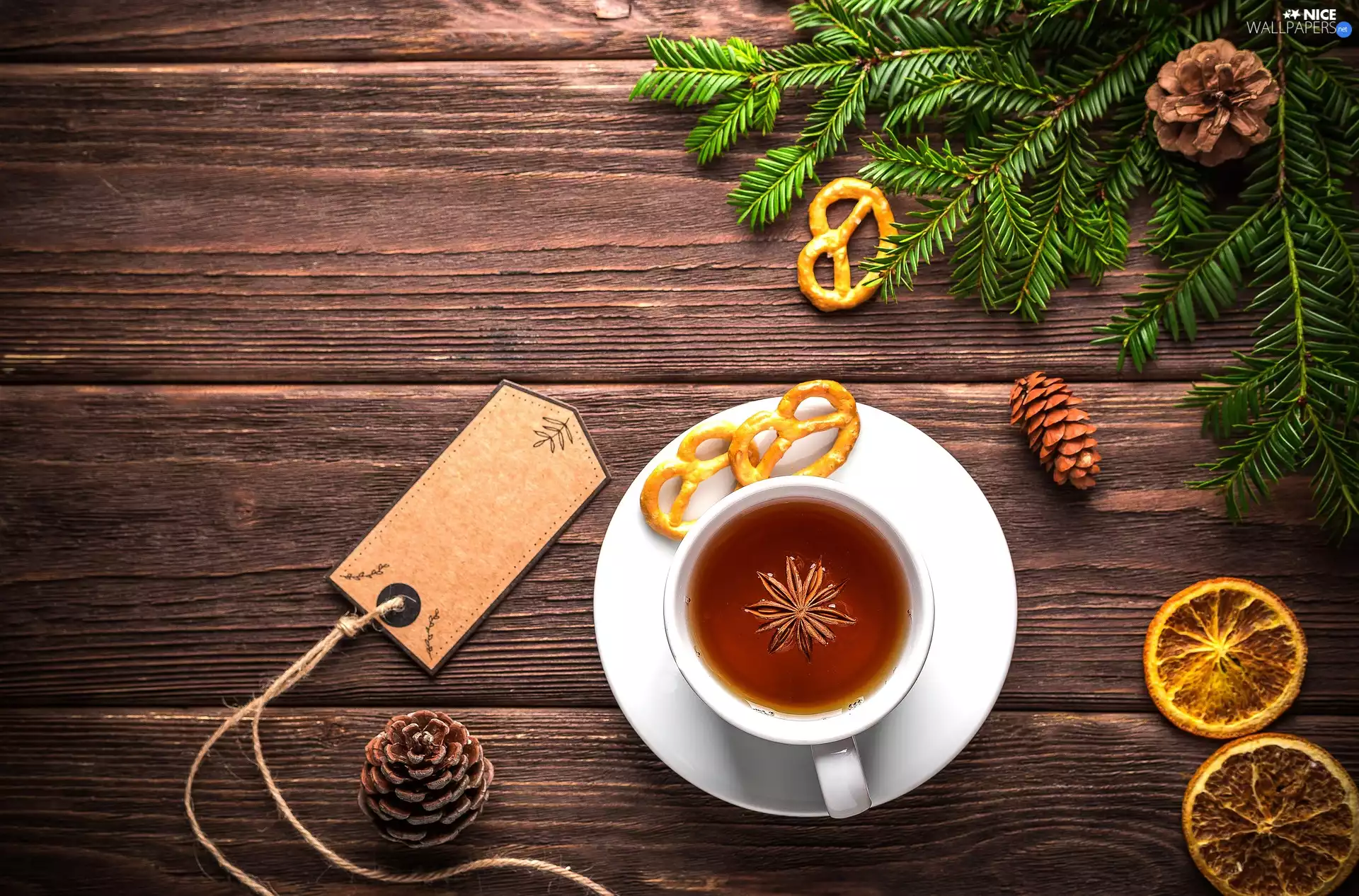 composition, Christmas, tea, anise, scribble, boarding, twig, cones, pretzels