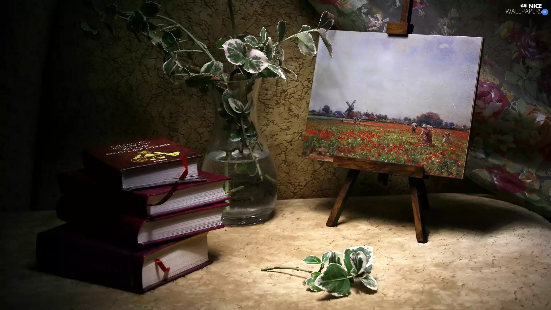 plant, Books, picture, composition, Easel, Vase