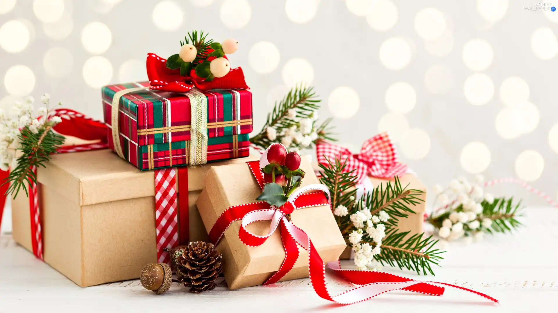 Twigs, cones, gifts, Ribbons, Christmas