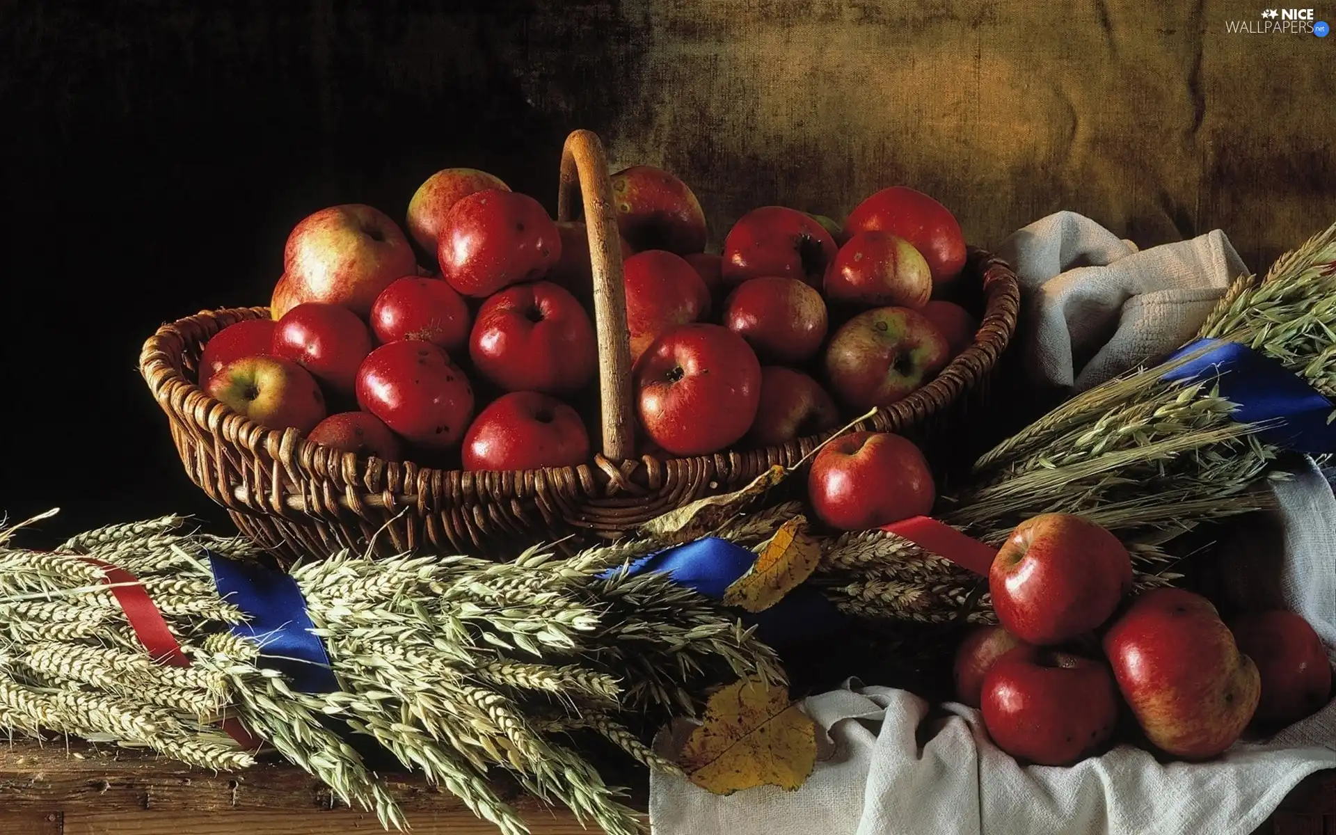 corn, basket, apples