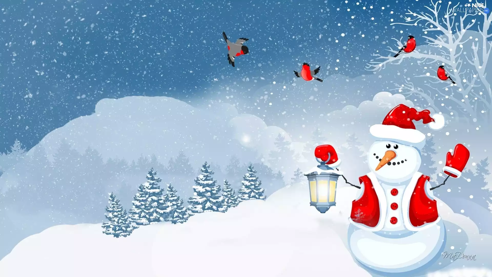 Snowman, winter, lantern, Birds on the log, 2D, Christmas, costume, Santa, Gile