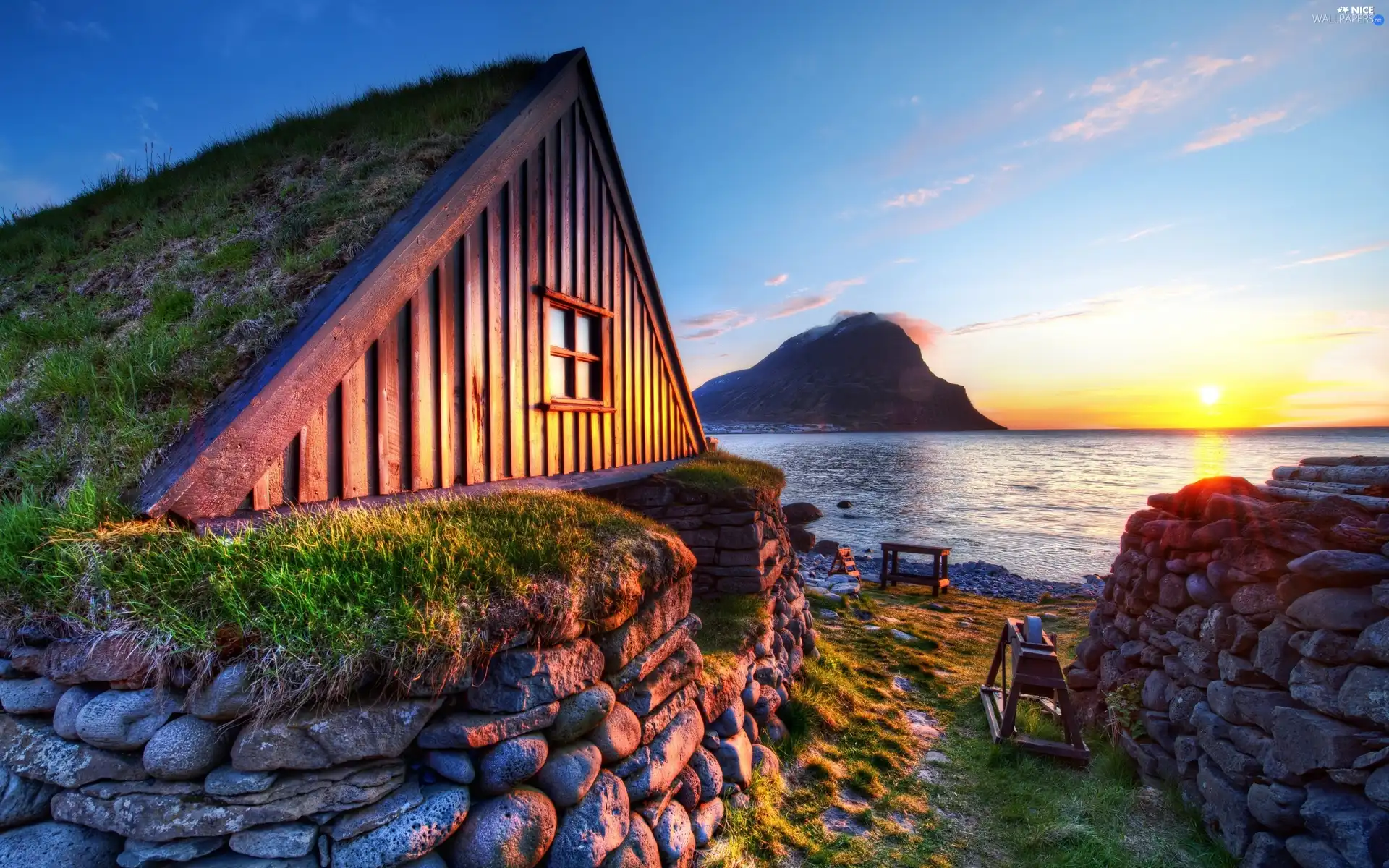 mountains, Stones, cottage, sea